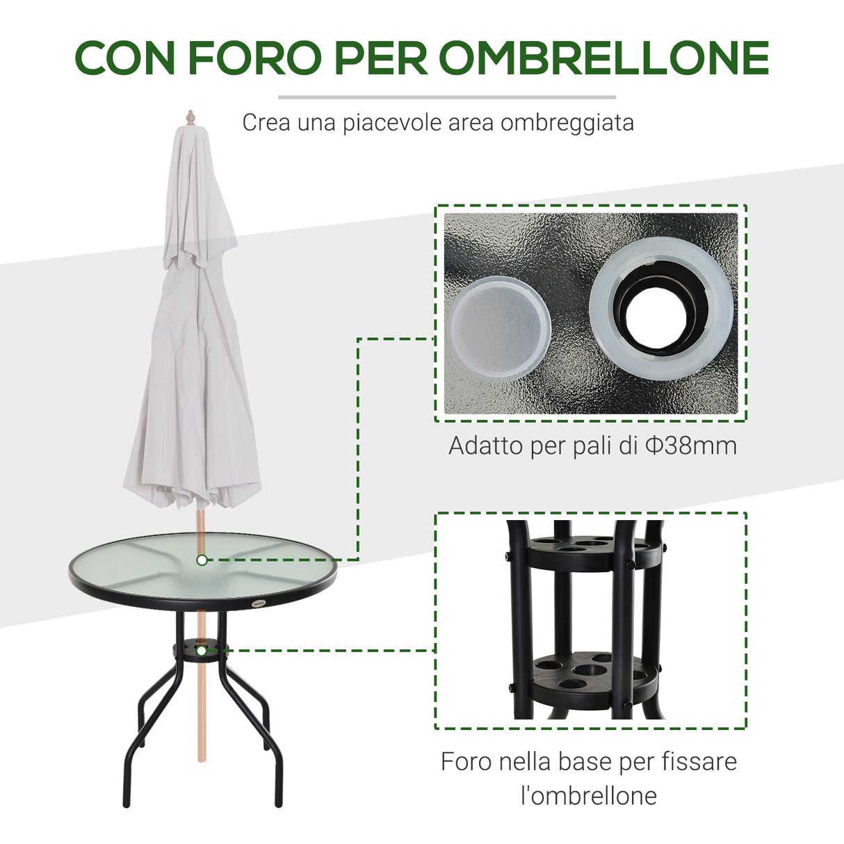easycomfort easycomfort tavolino da giardino con piano in vetro temperato e foro per ombrellone acciaio 80 x 72 cm nero