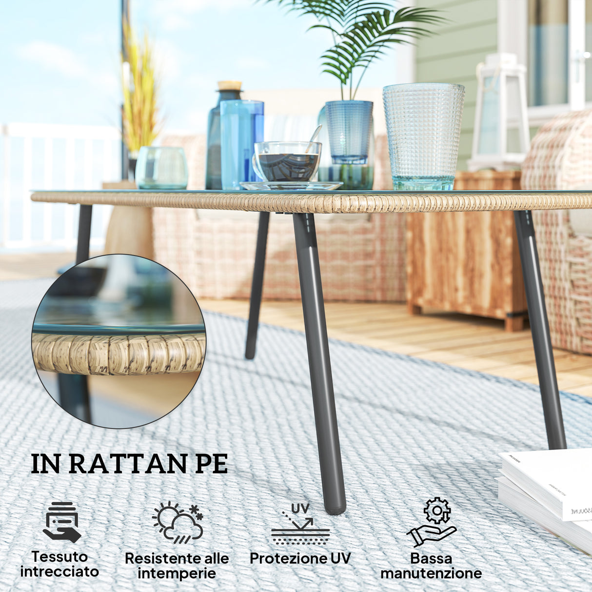 easycomfort easycomfort tavolino da giardino in rattan pe con piano in vetro e acciaio 110x60x40 cm legno naturale