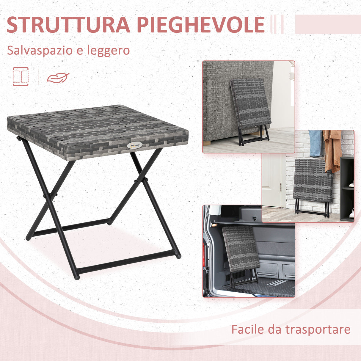 easycomfort easycomfort tavolino da giardino pieghevole salvaspazio in rattan sintetico e acciaio 40x40x40cm grigio