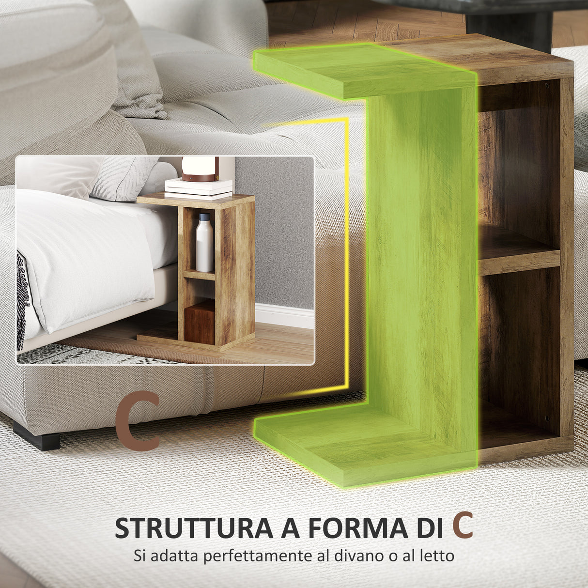 easycomfort easycomfort tavolino da salotto a c con 3 ripiani e 2 scomparti aperti salvaspazio 40x30x60 cm marrone