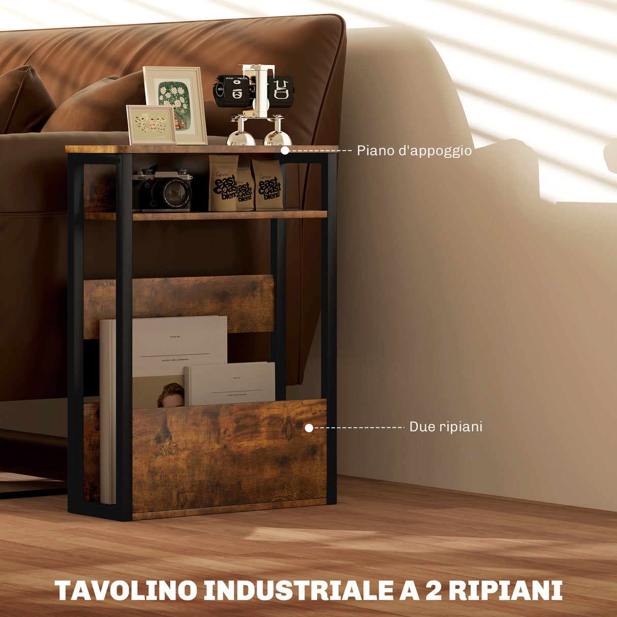 easycomfort easycomfort tavolino da soggiorno in stile industriale con 2 ripiani in legno e metallo 46x18x58 5 cm marrone