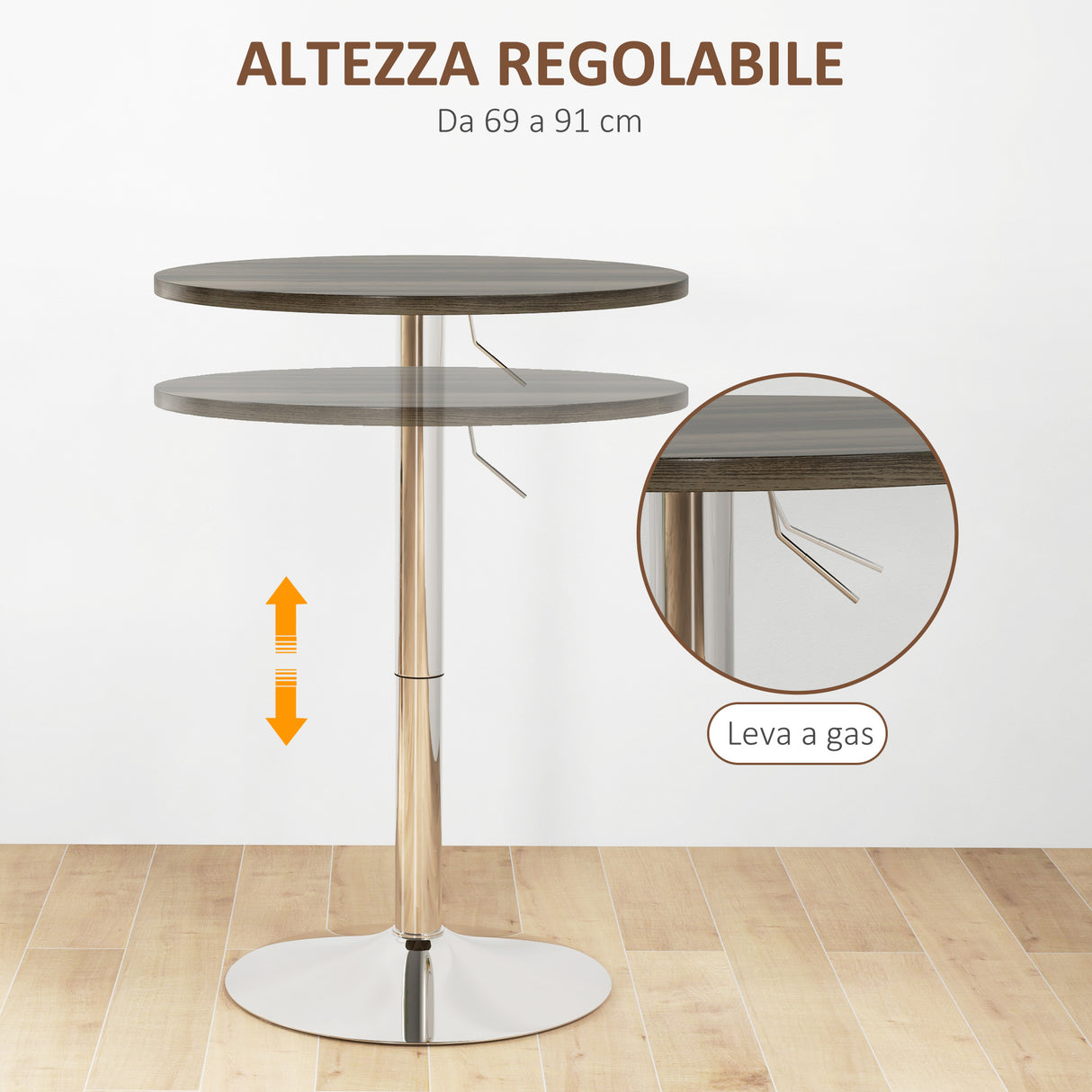 easycomfort easycomfort tavolo alto da bar con altezza regolabile piano girevole e base in acciaio 60x69 91cm marrone