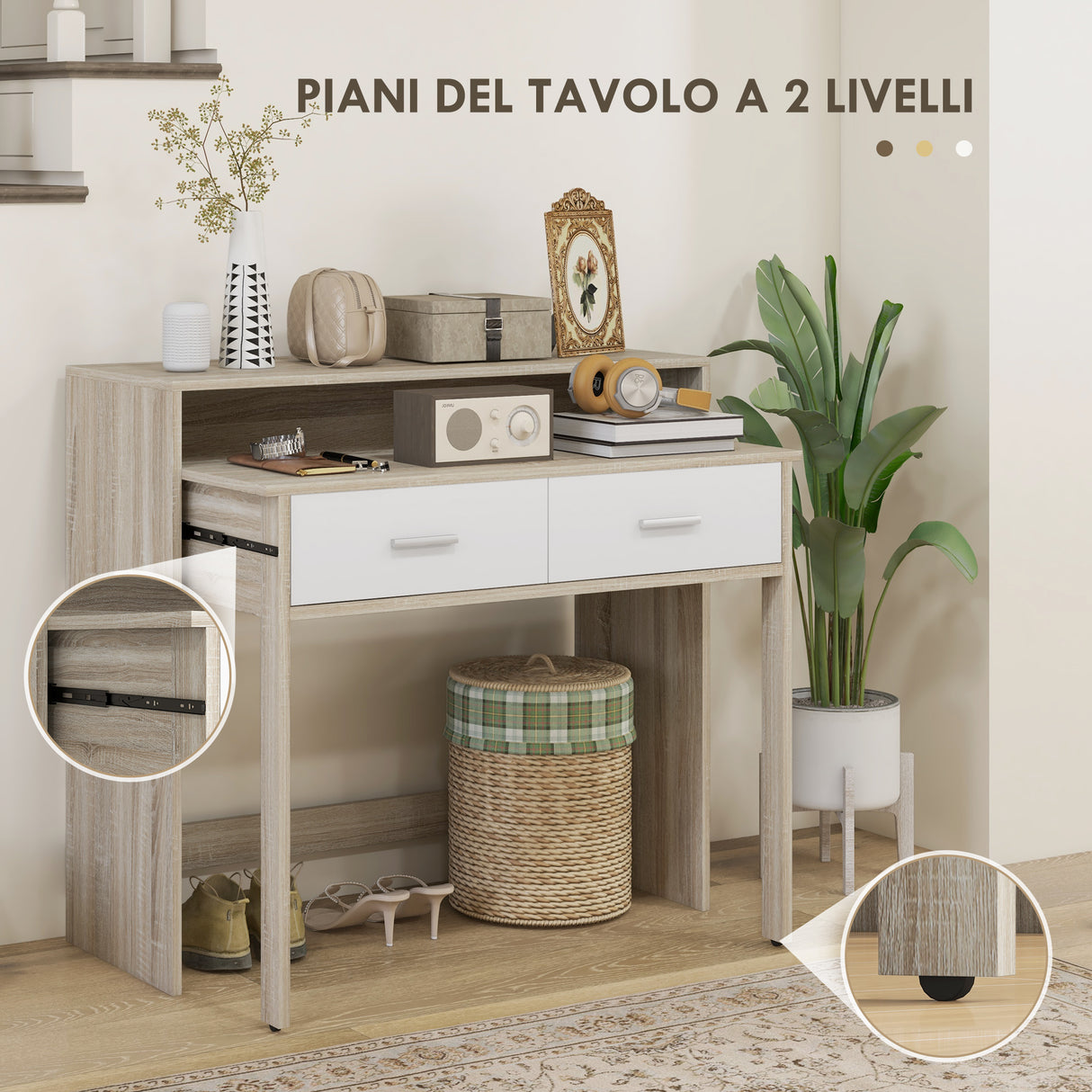 easycomfort easycomfort tavolo consolle a 2 livelli con piano estraibile e 2 cassetti in legno 95x35x87cm rovere