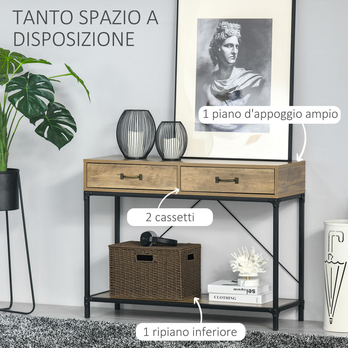 easycomfort easycomfort tavolo consolle stile vintage in metallo e legno con 2 cassetti e mensola 100x35x76 5cm marrone
