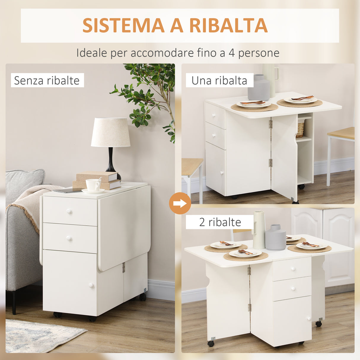 easycomfort easycomfort tavolo da cucina a ribalta con 2 cassetti e armadietto ad ante in truciolato 120x80x75 cm bianco