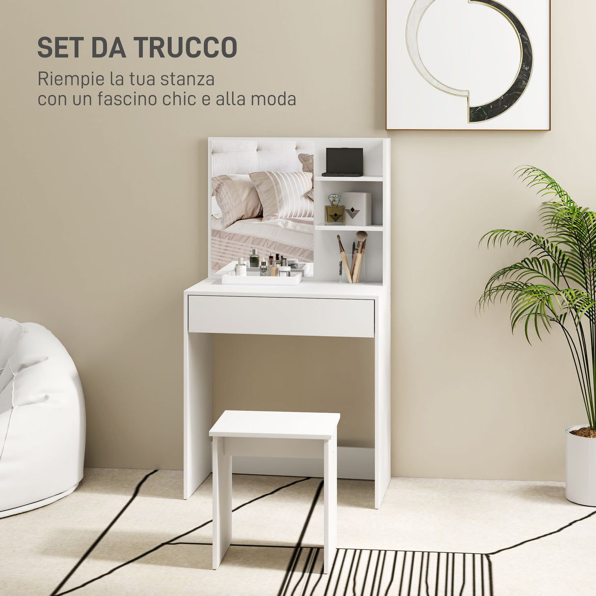 easycomfort easycomfort tavolo da trucco a 3 ripiani e cassetti con specchio e sgabello in truciolato 75x40x137 cm bianco