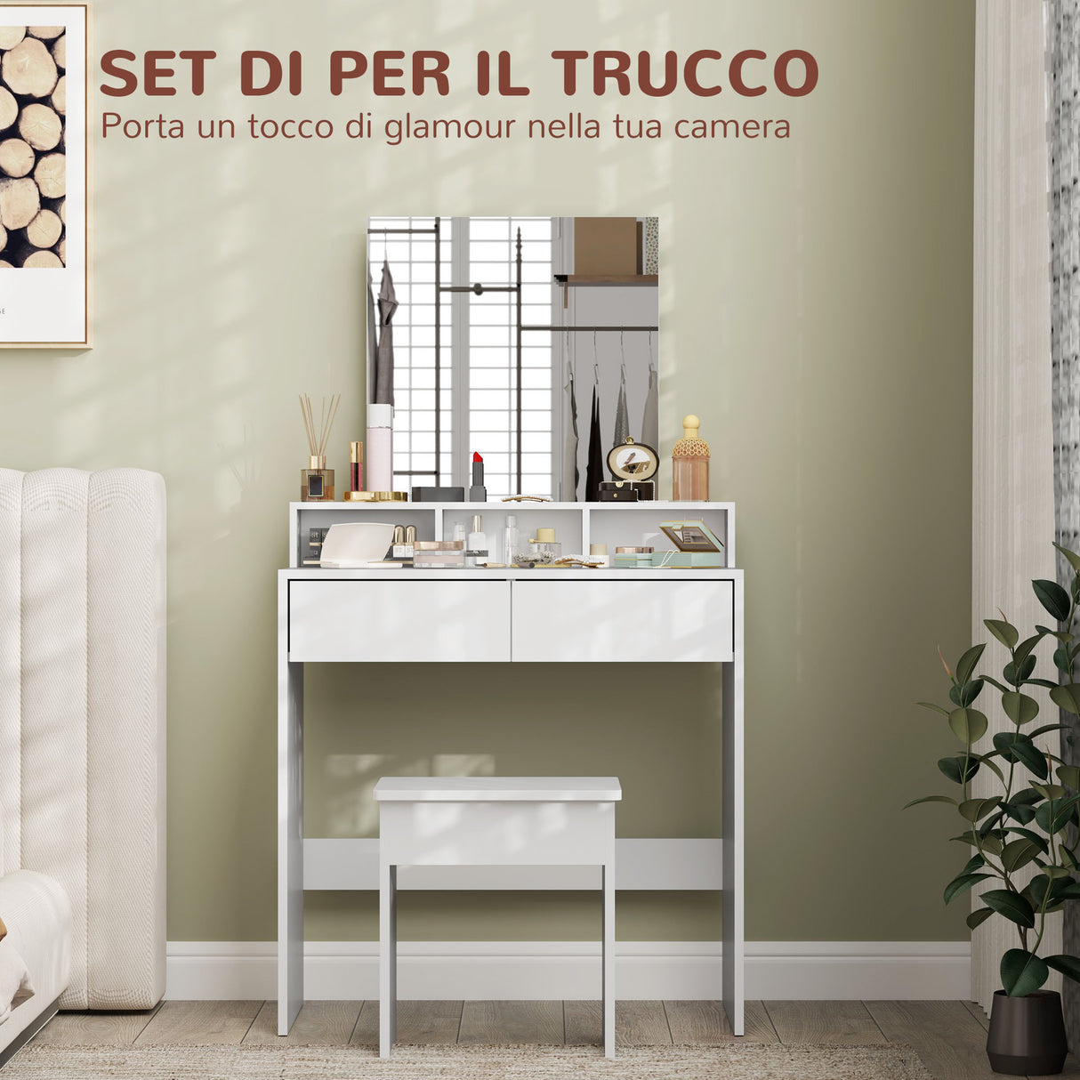 easycomfort easycomfort tavolo da trucco con specchio 3 ripiani 2 cassetti e sgabello in legno 75x38x135 cm bianco