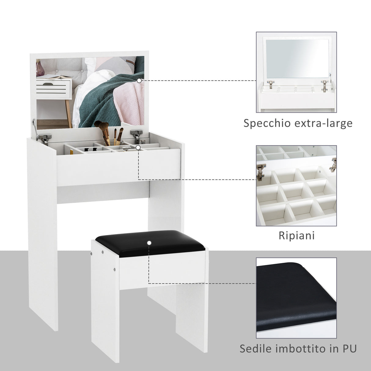 easycomfort easycomfort tavolo da trucco con specchio richiudibile tavolo da trucco moderno con sgabello vano contenitore 10 scomparti mdf bianco 60 2 x 40 2 x 79cm ean 8054144132143