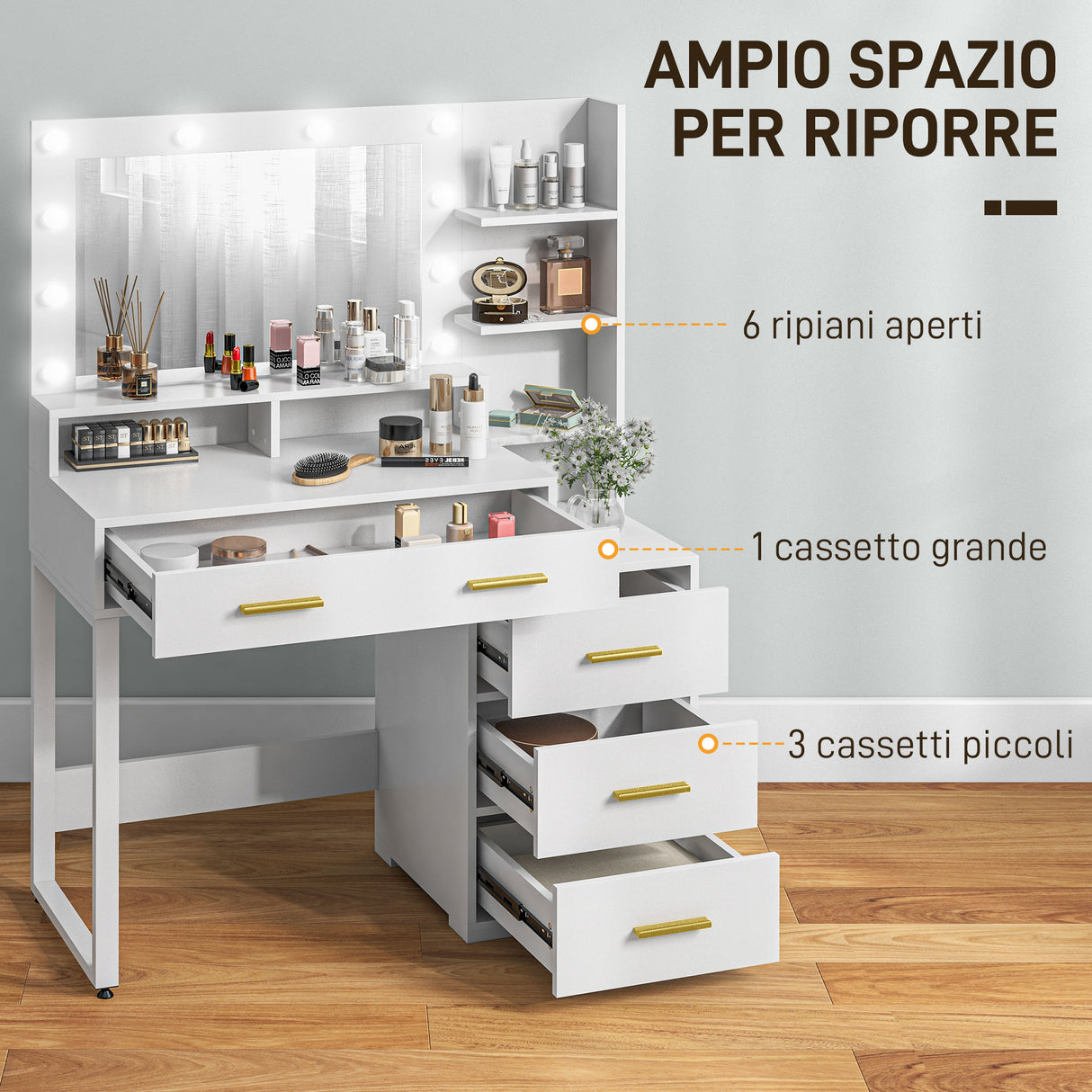 easycomfort easycomfort tavolo da trucco in legno con 4 cassetti 6 ripiani aperti e specchio 100x40x138 cm bianco