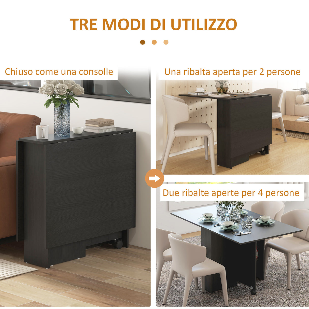 easycomfort easycomfort tavolo pieghevole salvaspazio a 2 ribalte per 6 persone con ripiani e ruote nero
