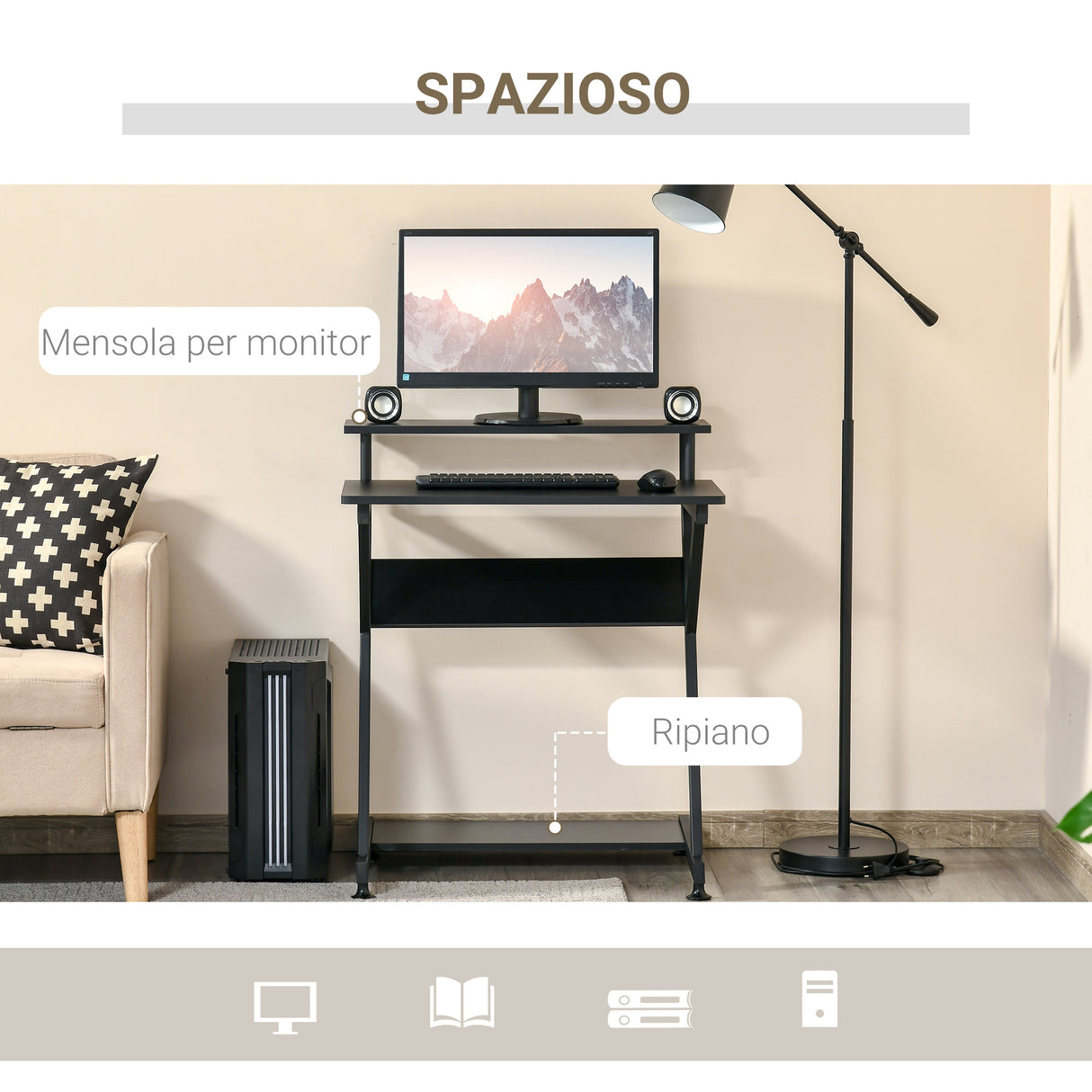easycomfort easycomfort tavolo porta pc salvaspazio con ripiano monitor rialzato 70x60x85 5cm legno nero