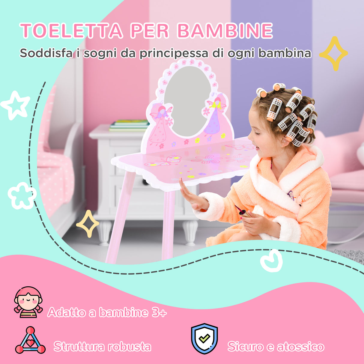 easycomfort easycomfort toeletta per bambini con sgabello in legno tavolo trucco con specchio moderno e cassetto 59l x 39p x 77a cm rosa