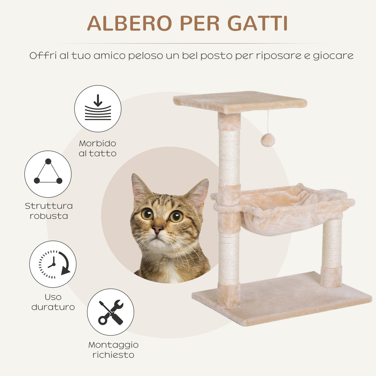 easycomfort easycomfort torre per gatti max 3 6kg con amaca e pallina appesa in legno e peluche 50x36x70 cm beige