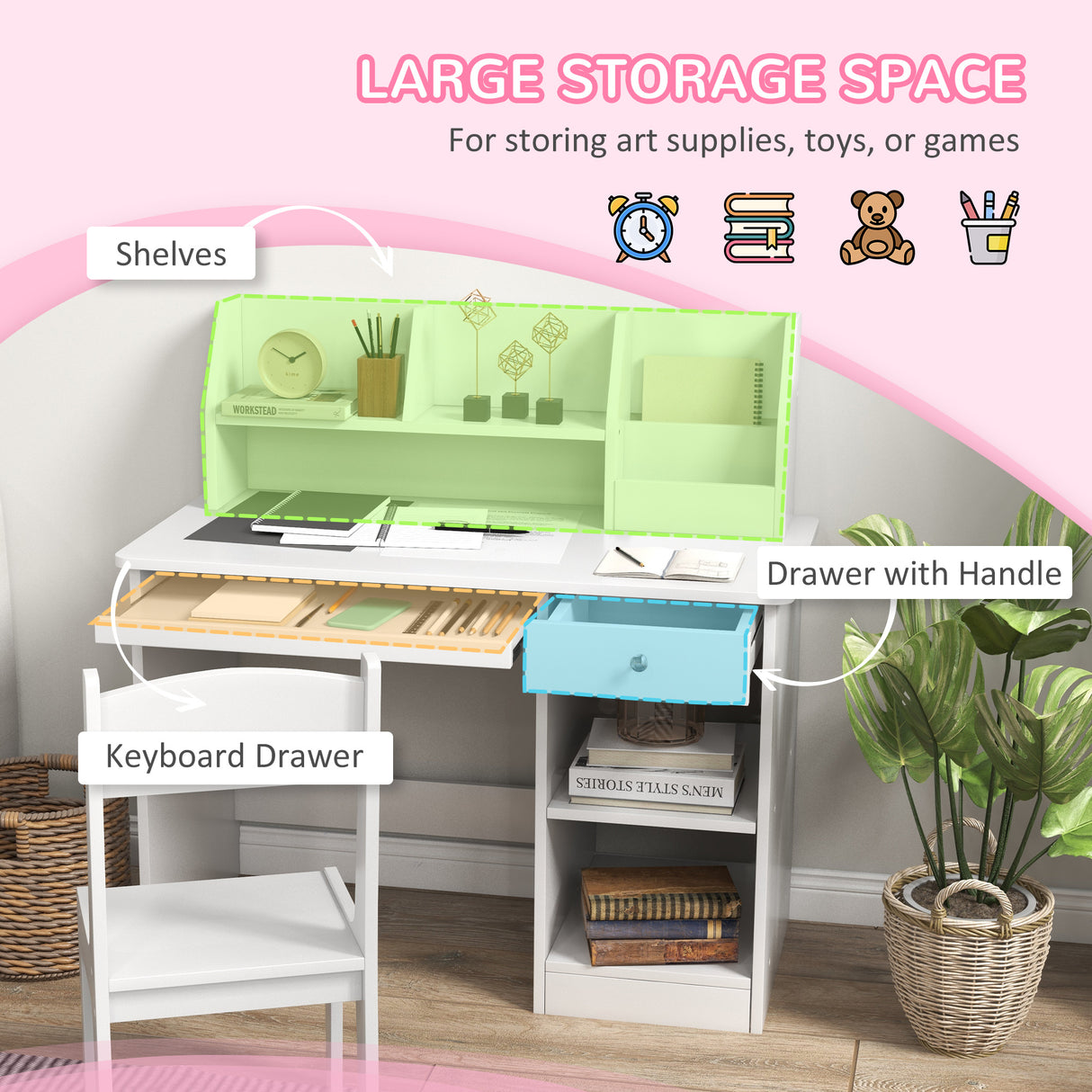 easycomfort easycomfortzonekiz banco scuola e sedia per bambini da 5 8 anni con scaffale e mensola estraibile in legno bianco