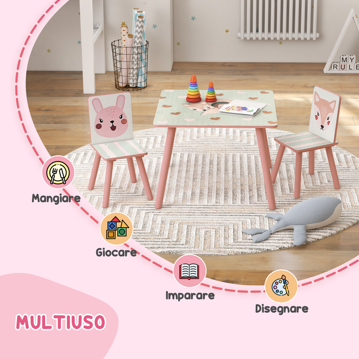 easycomfort easycomfortzonekiz set tavolo e sedie 3 pezzi per bambini 3 8 anni in mdf e legno di pino con disegni di animali rosa