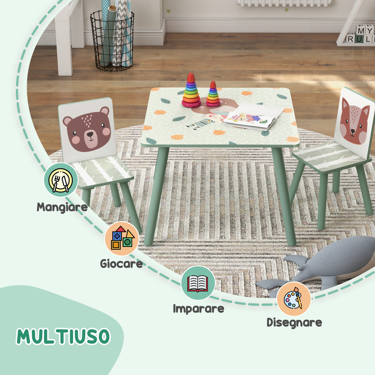 easycomfort easycomfortzonekiz set tavolo e sedie 3 pezzi per bambini 3 8 anni in mdf e legno di pino verde