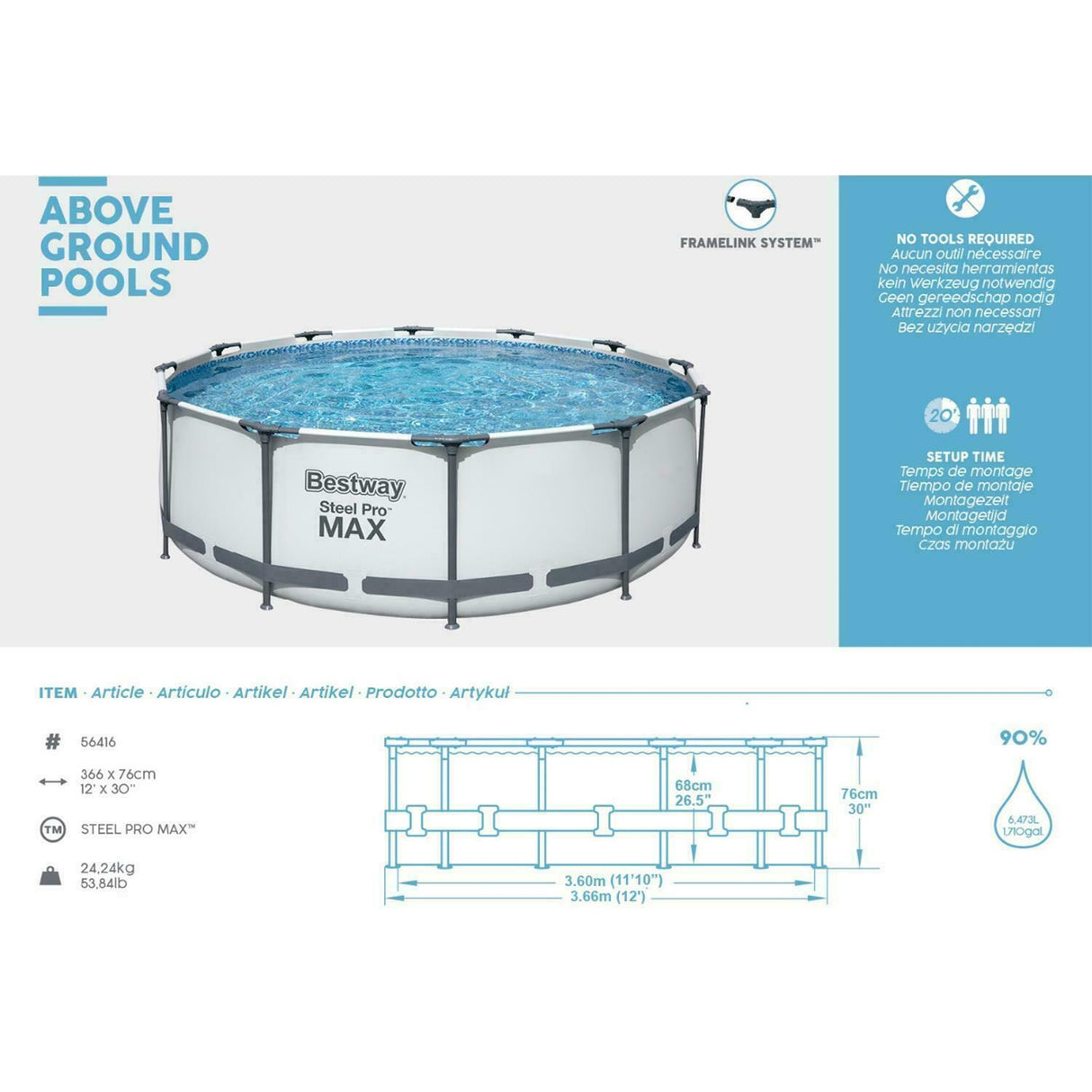 piscina fuori terra bestway 56416 steel pro max o 366x76h con pompa filtrante senza scala 6.473 litri