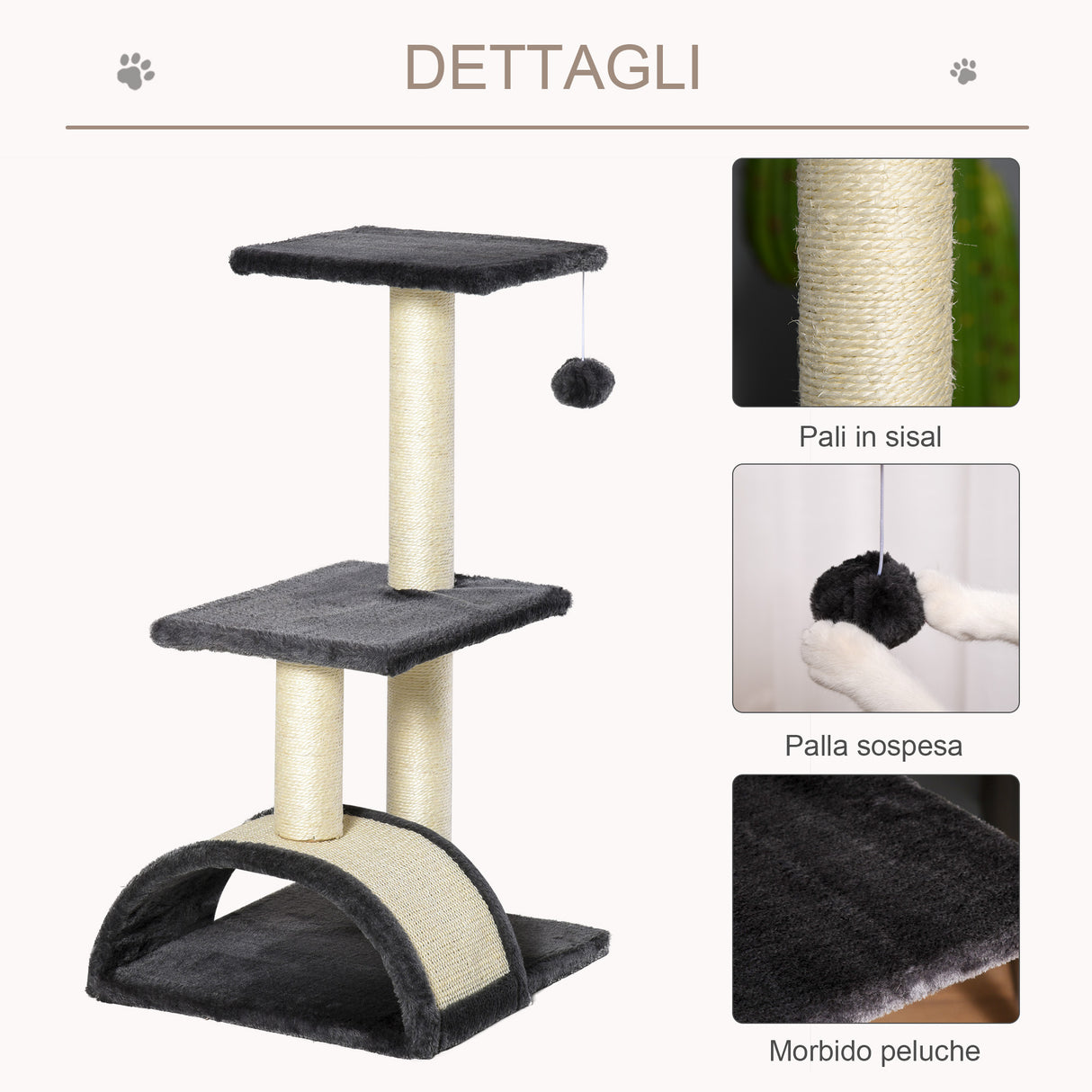 easycomfort easycomfort albero per gatti a 3 livelli con tappetino tiragraffi ad arco in legno peluche e sisal 40x35x72 cm grigio