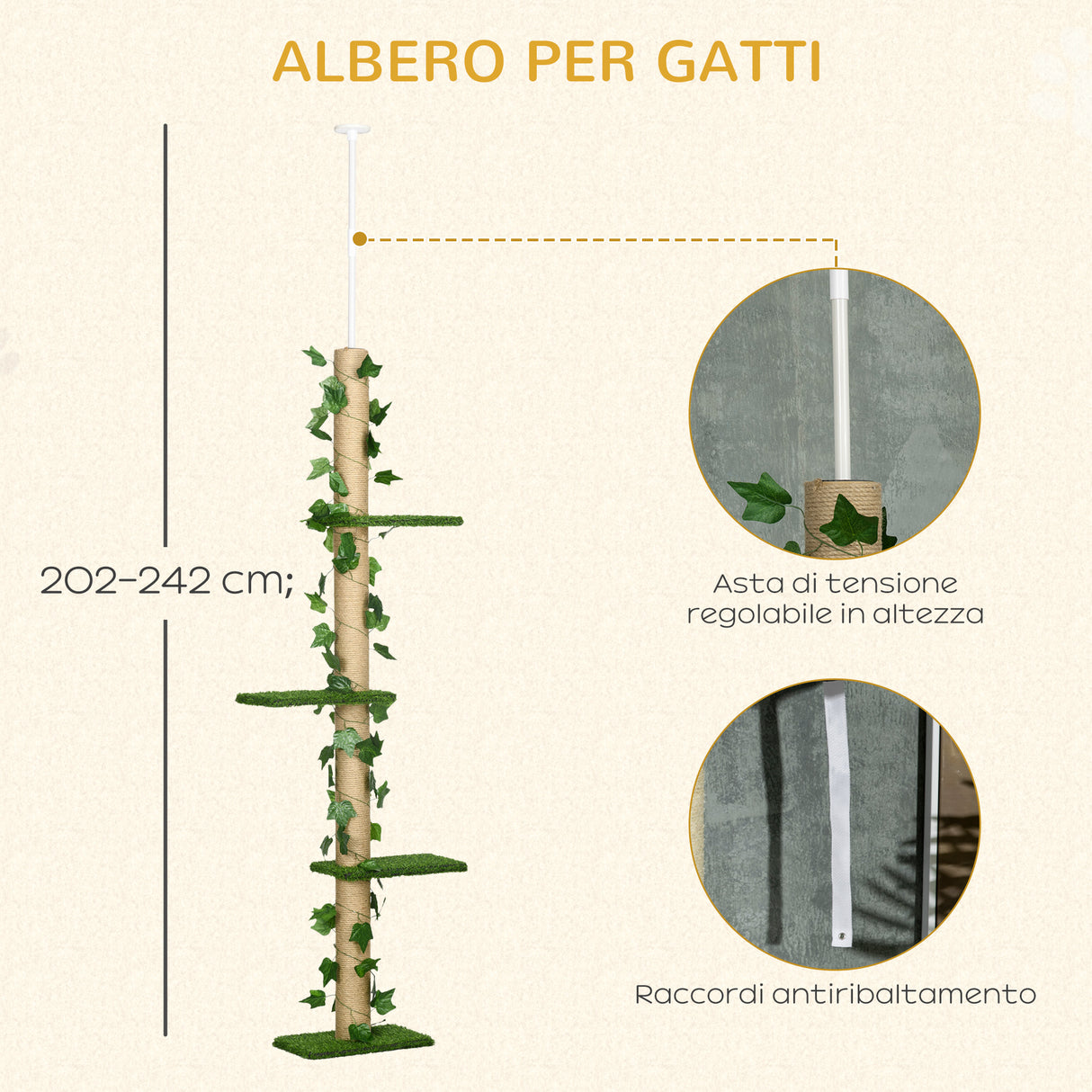 easycomfort easycomfort albero tiragraffi per gatti a soffitto alto 202 242 cm regolabile con asta di tensione verde