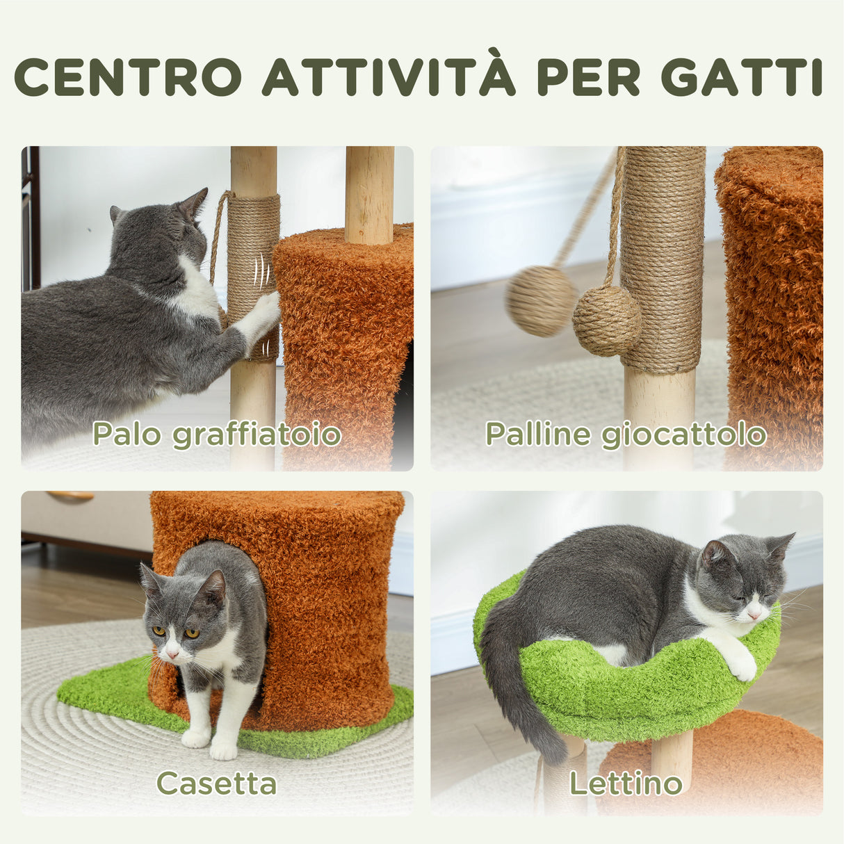 easycomfort easycomfort albero tiragraffi per gatti con casetta lettino e pallina giocattolo in legno e peluche 44x33x61 cm verde