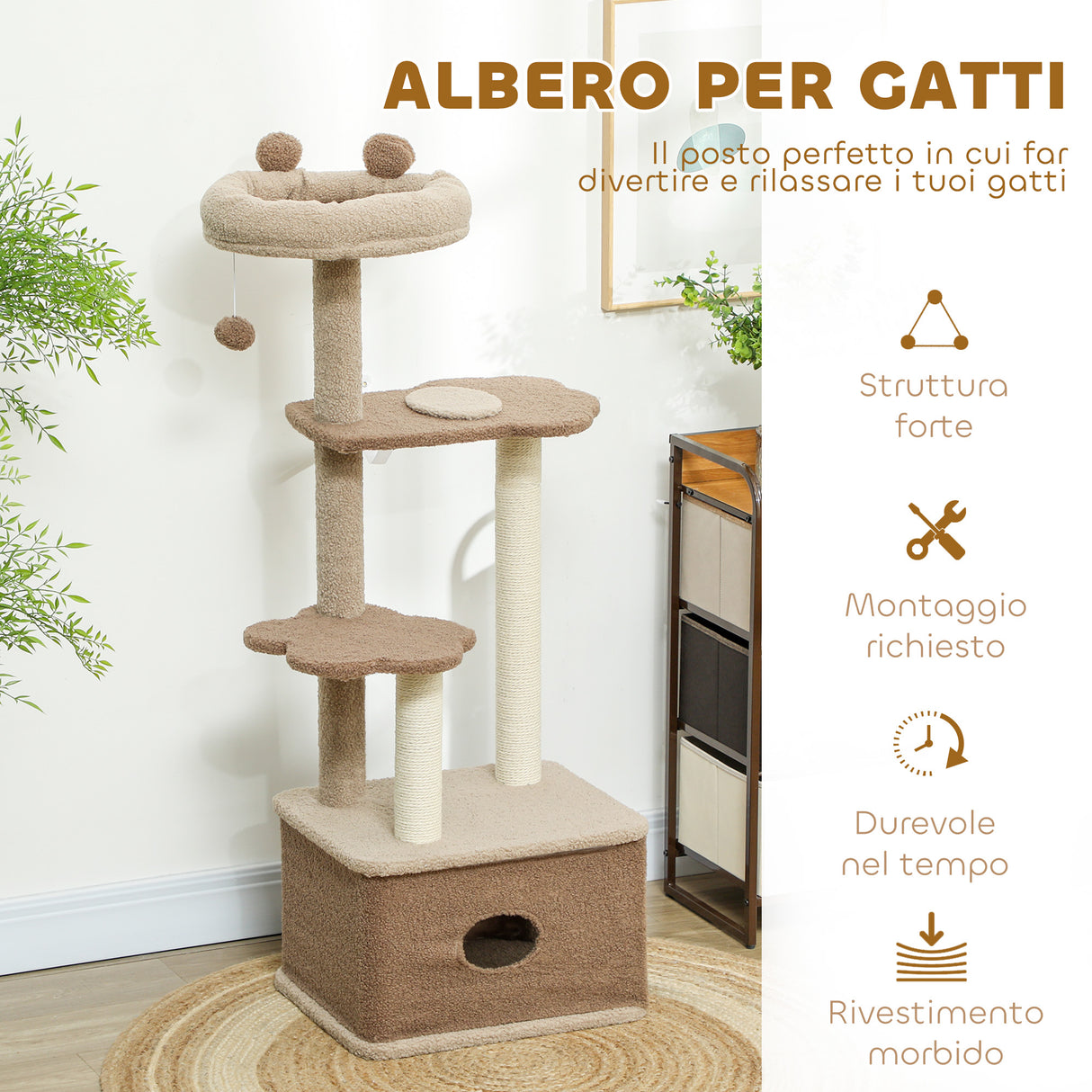 easycomfort easycomfort albero tiragraffi per gatti con lettino casetta e piattaforme in legno e cashmere 48x40x133 cm marrone