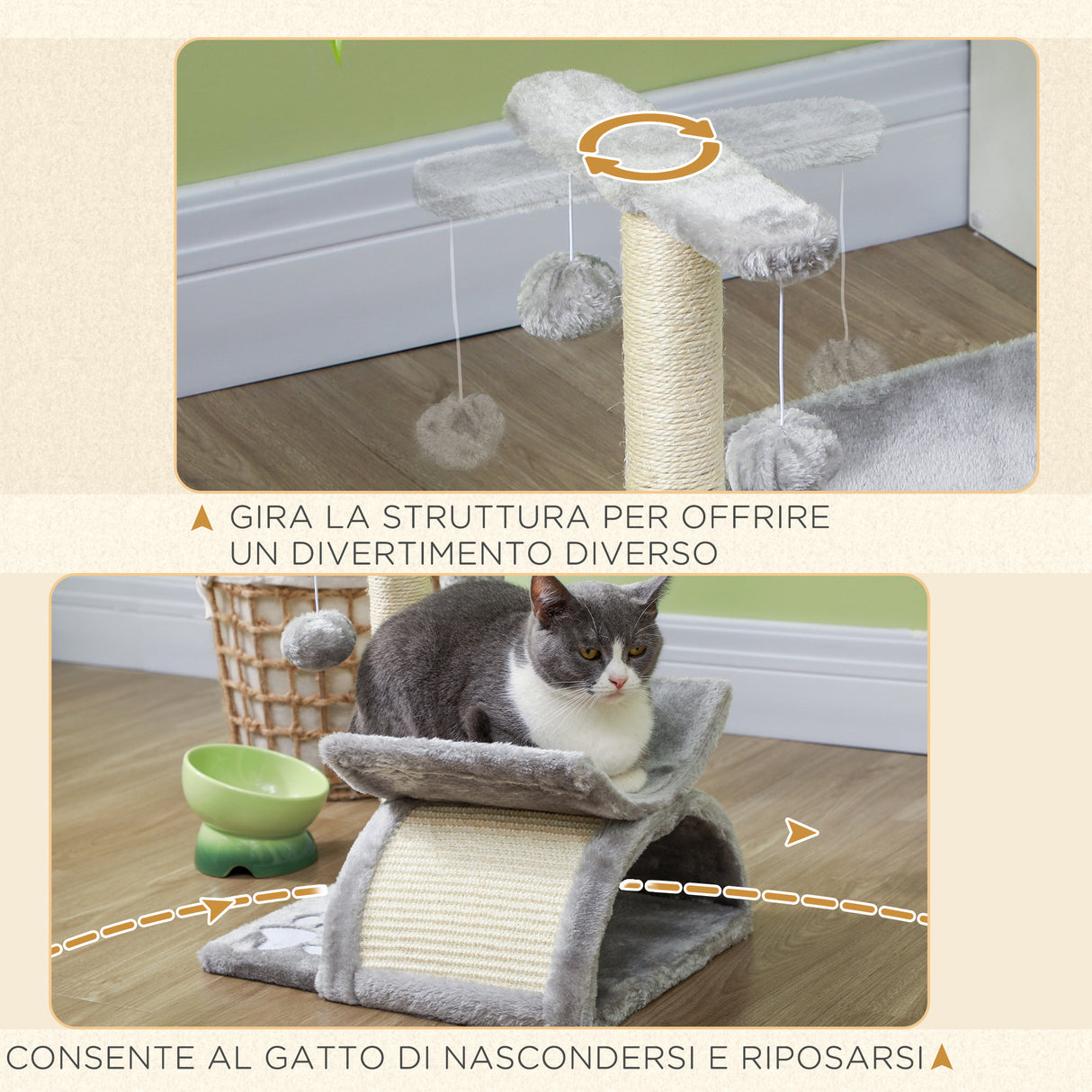 easycomfort easycomfort albero tiragraffi per gatti in peluche con palo in sisal cuccia e 2 palline 40x30x43cm grigio