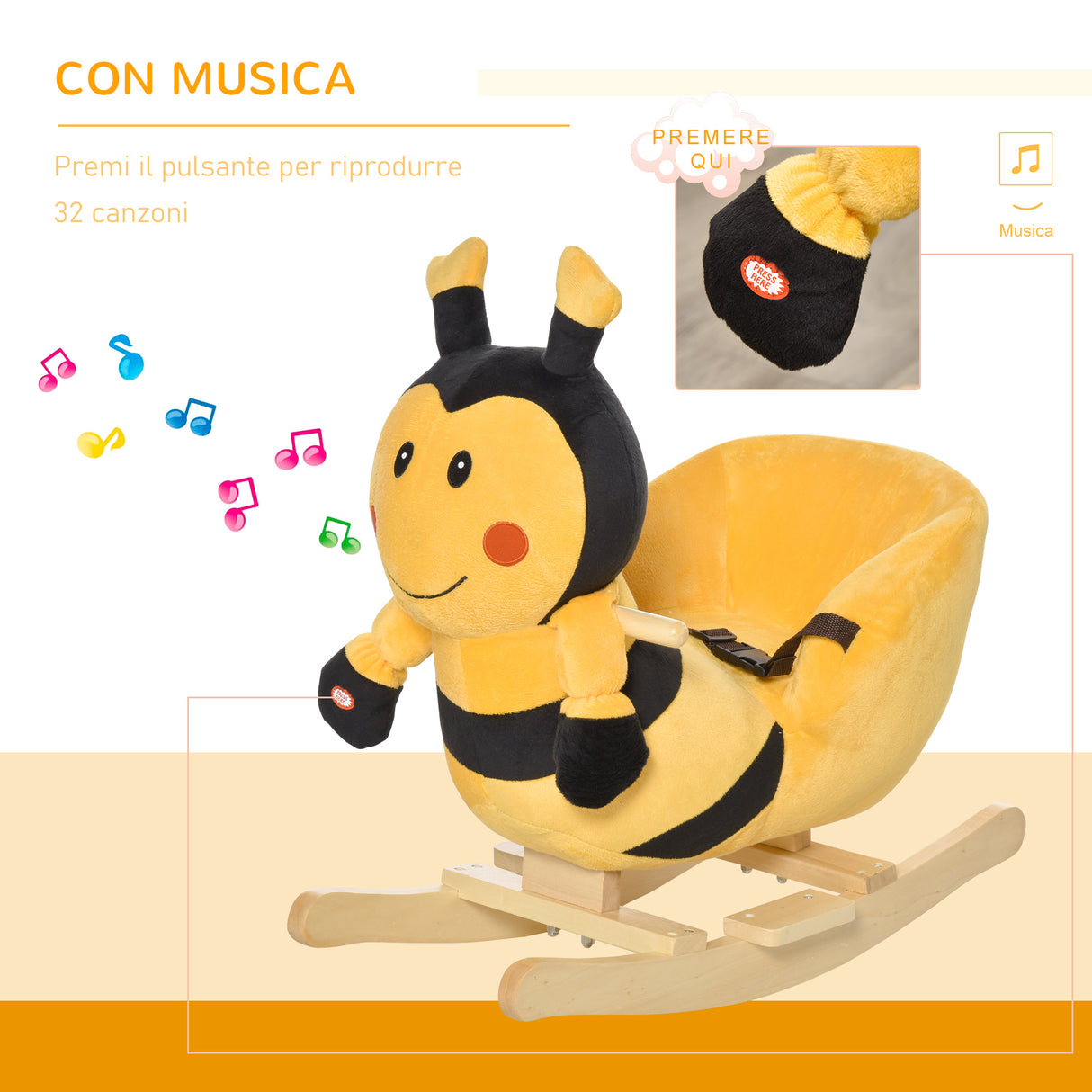 easycomfort easycomfort animale a dondolo per bambini a forma di ape in legno di pioppo con musica 60x33x45 cm giallo e nero