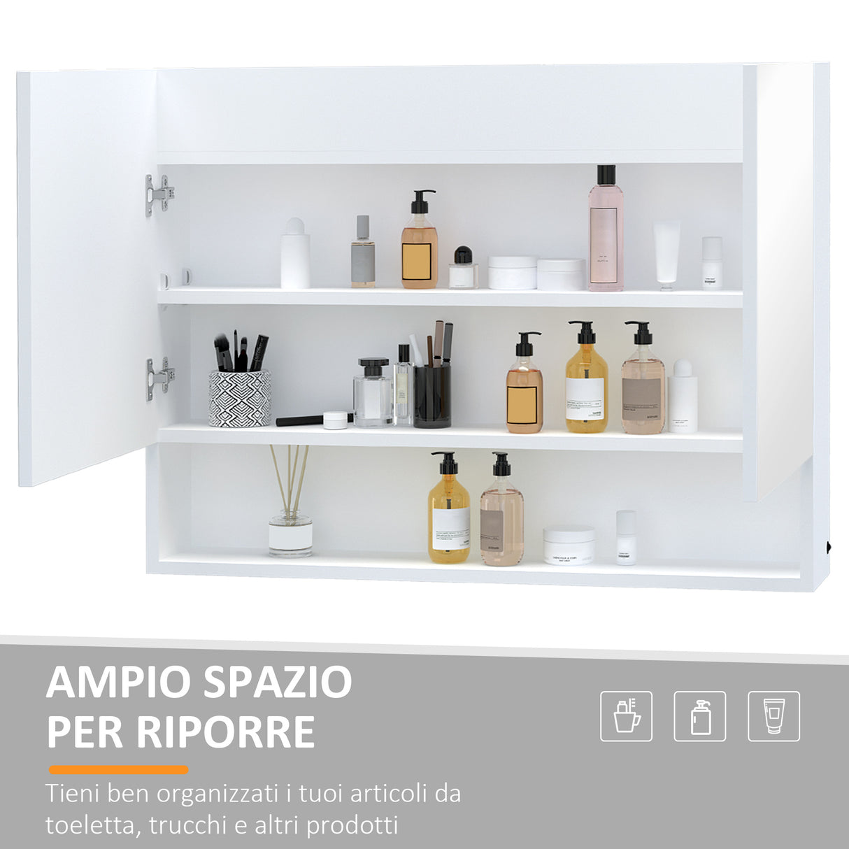 easycomfort easycomfort armadietto con specchio a muro luci a led ripiano aperto e ripiano interno 80x15x60cm