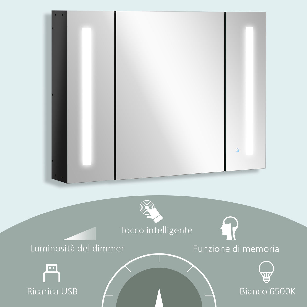 easycomfort easycomfort armadietto con specchio da bagno a parete in mdf con 3 armadietti 3 ripiani e luce led 90x15x65 cm nero