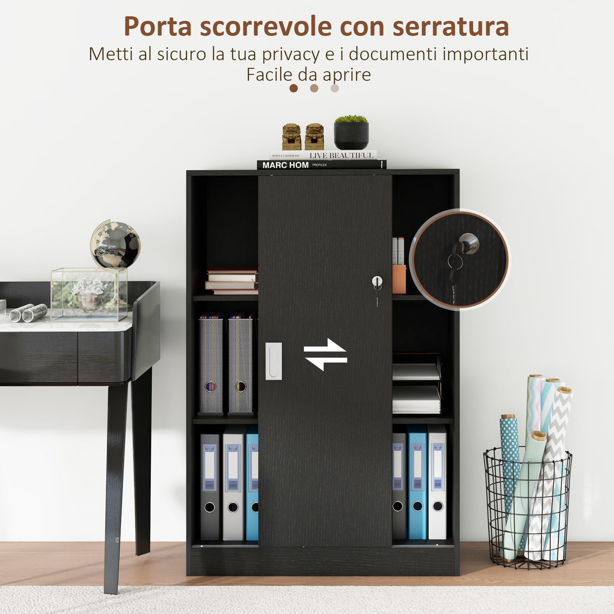 easycomfort easycomfort armadietto da ufficio a 3 ripiani con 2 chiavi di sicurezza e ante scorrevoli 80x40x120 cm nero