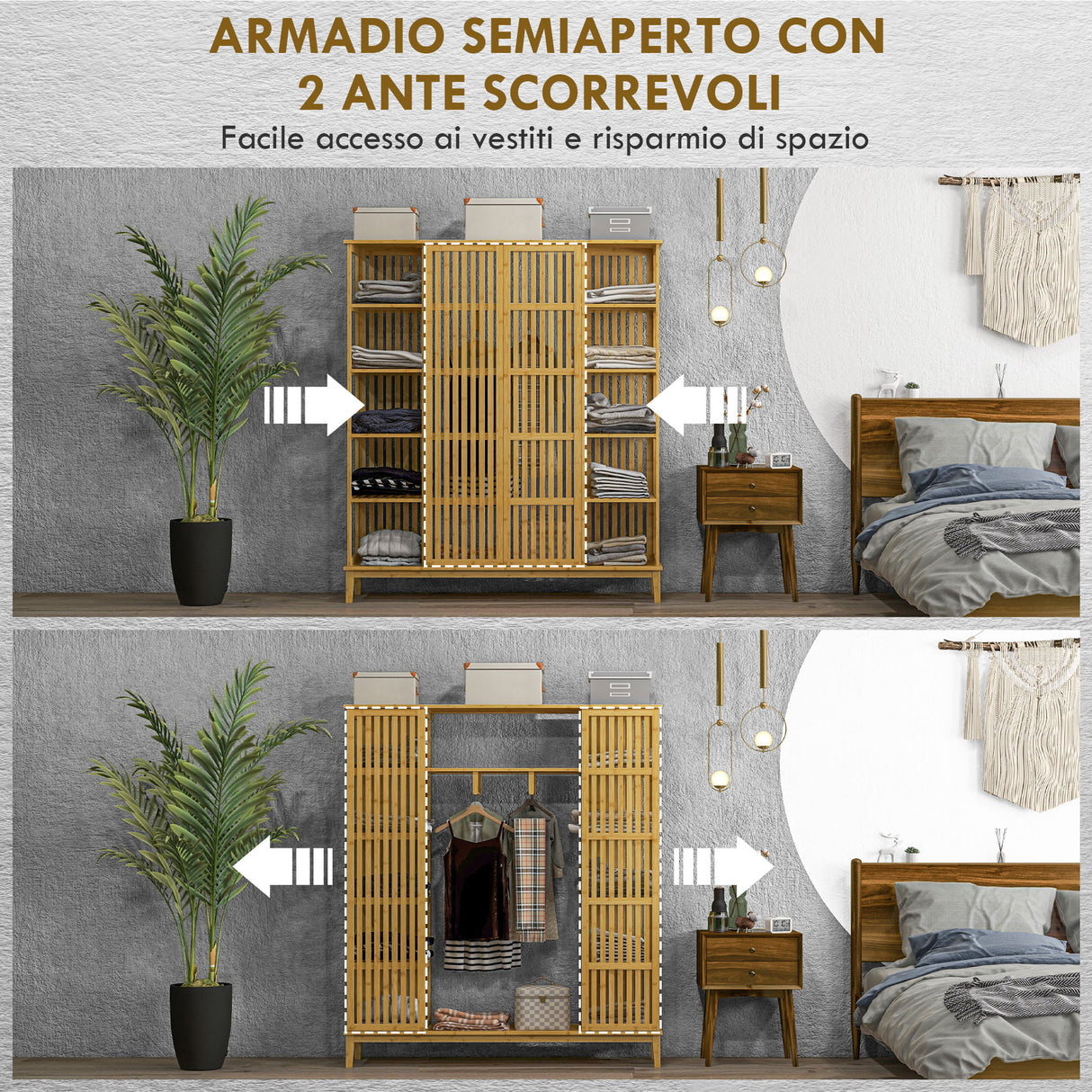 easycomfort easycomfort armadio aperto in bambu con 2 ante scorrevoli ripiani aperti e barra appendiabiti 145x35x165cm