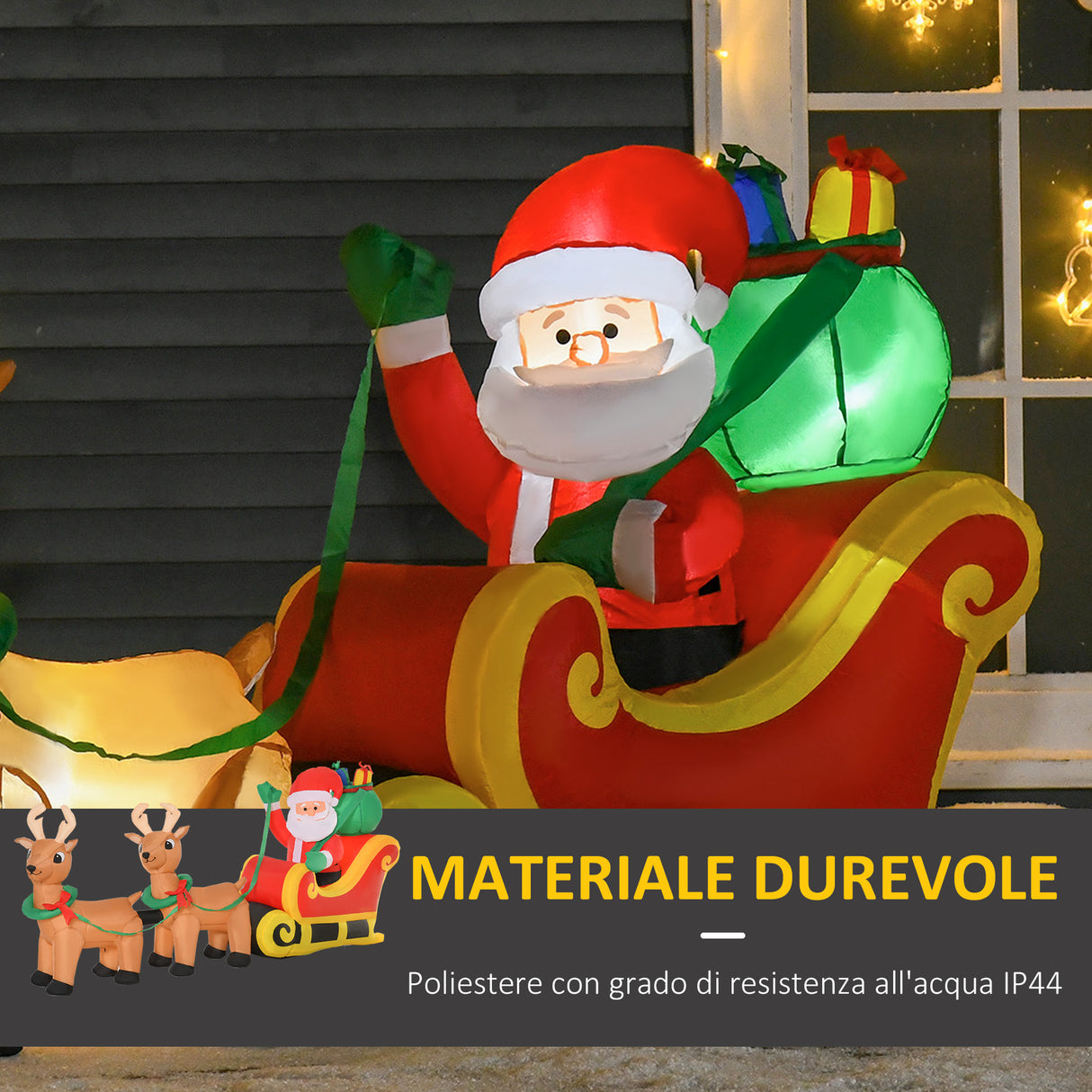 easycomfort easycomfort babbo natale gonfiabile con slitta e 2 renne addobbi di natale in tessuto poliestere impermeabile con luci a led 240x57x112cm