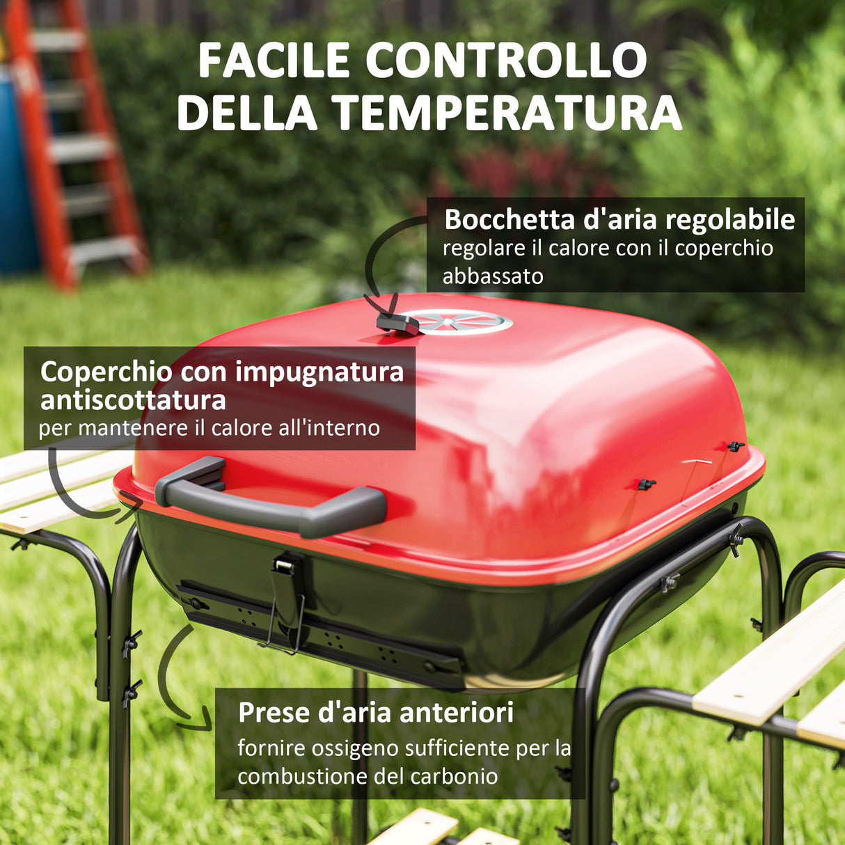 easycomfort easycomfort barbecue a carbone con 3 ripiani e ruote coperchio con presa daria regolabile rosso