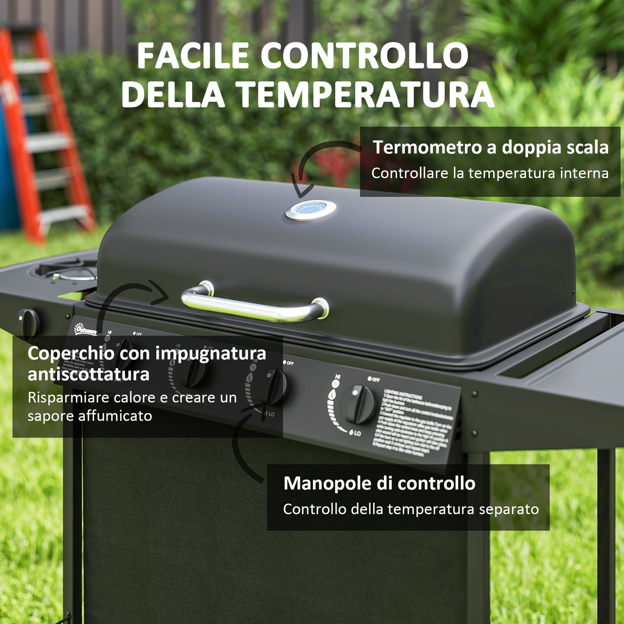 easycomfort easycomfort barbecue a gas con 41 bruciatori indipendenti e coperchio con termometro 121x54x97 cm nero