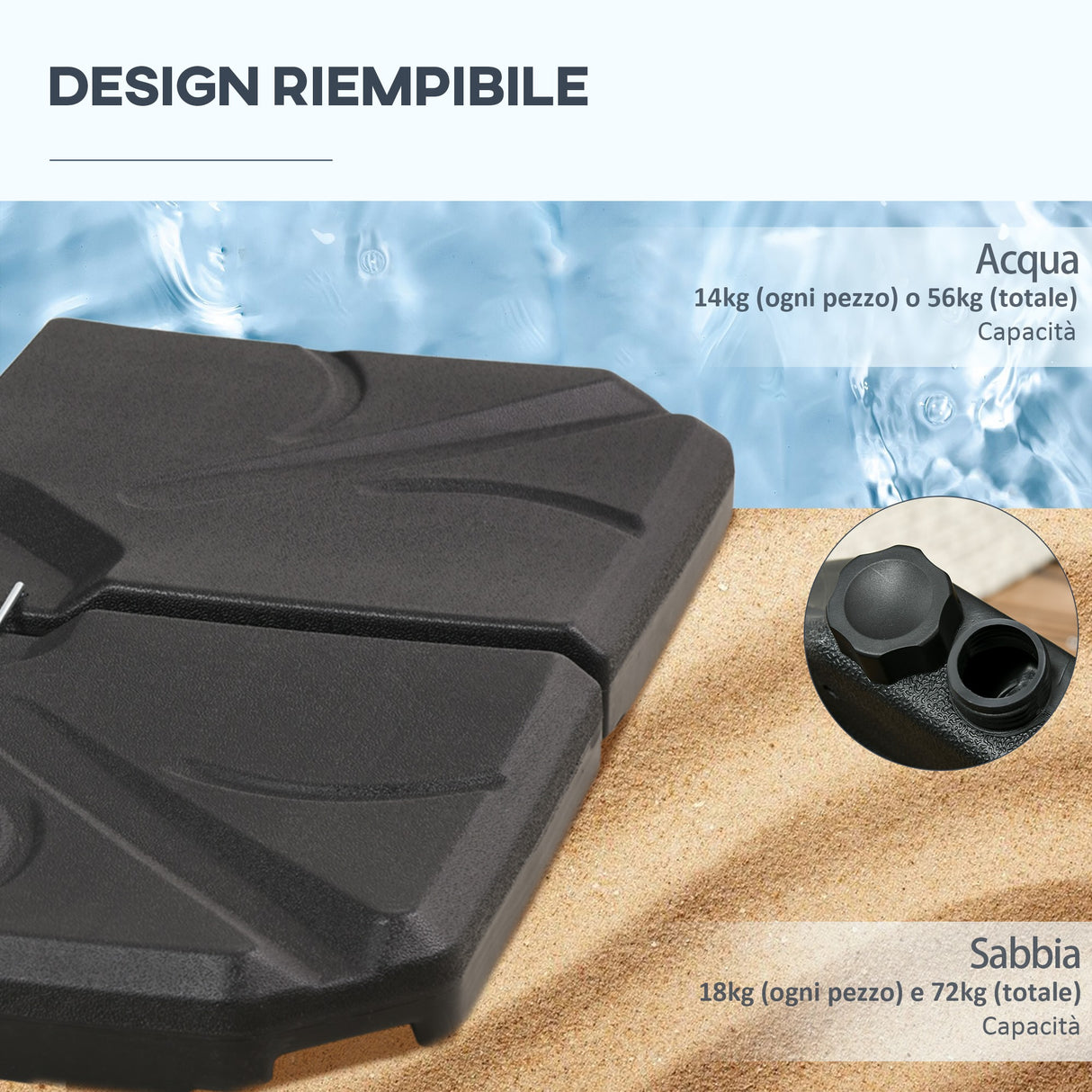 easycomfort easycomfort base per ombrellone in hdpe da 4 pezzi riempibili con acqua e sabbia max 18kg 103x103x8 3 cm nero
