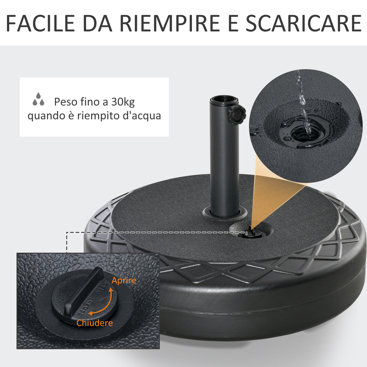 easycomfort easycomfort base per ombrellone rotonda 55cm in plastica da 30kg per pali da 38 48mm nero
