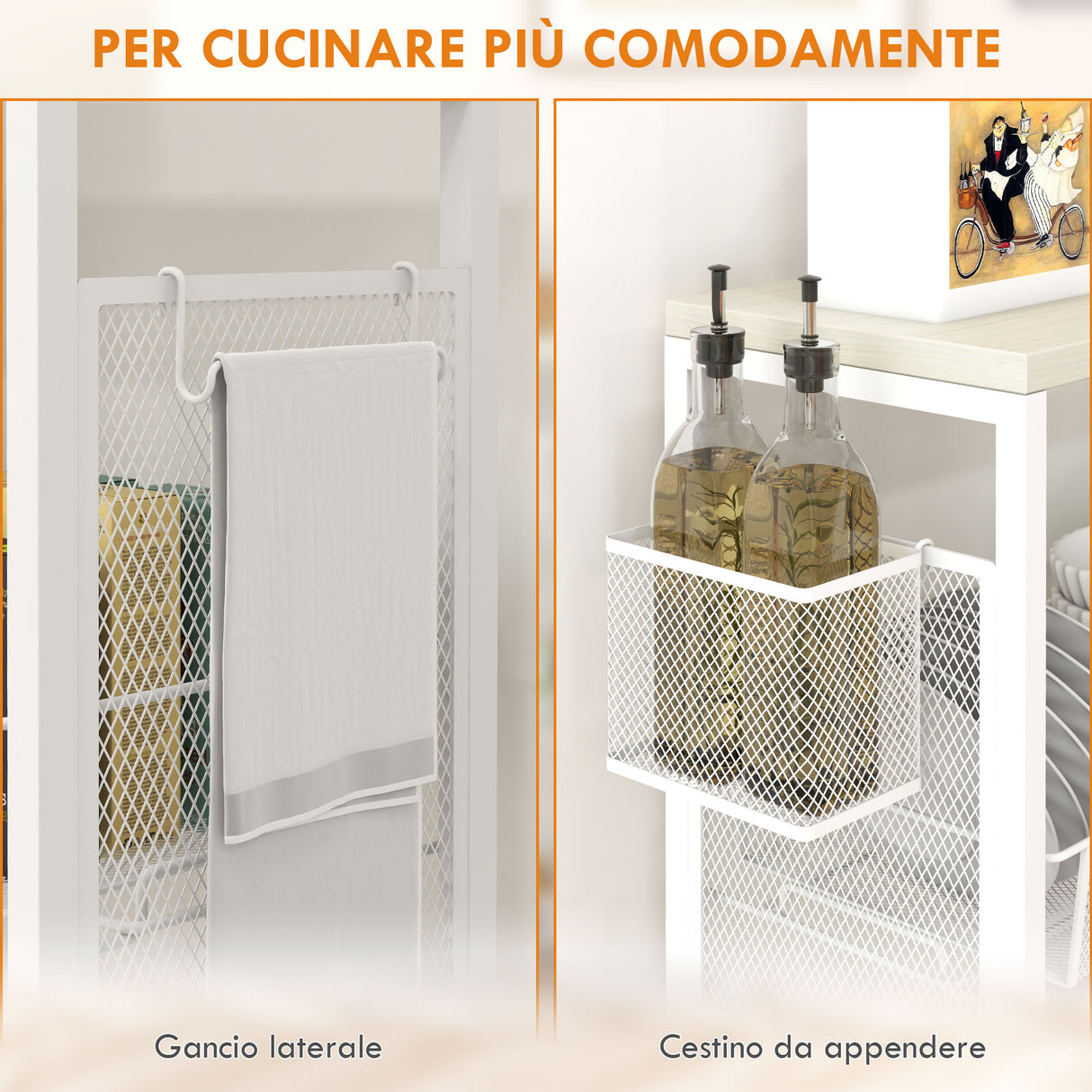 easycomfort easycomfort carrello da cucina a 3 livelli con cestino laterale e gancio in truciolato e acciaio 58x18 5x87 cm