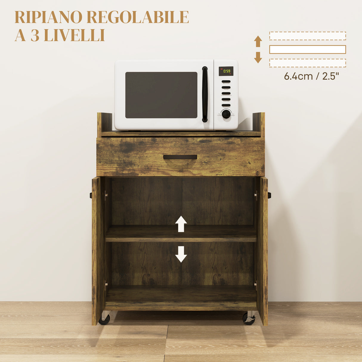 easycomfort easycomfort carrello da cucina con cassetto armadietto e 4 ruote in legno 60x40x77cm marrone rustico