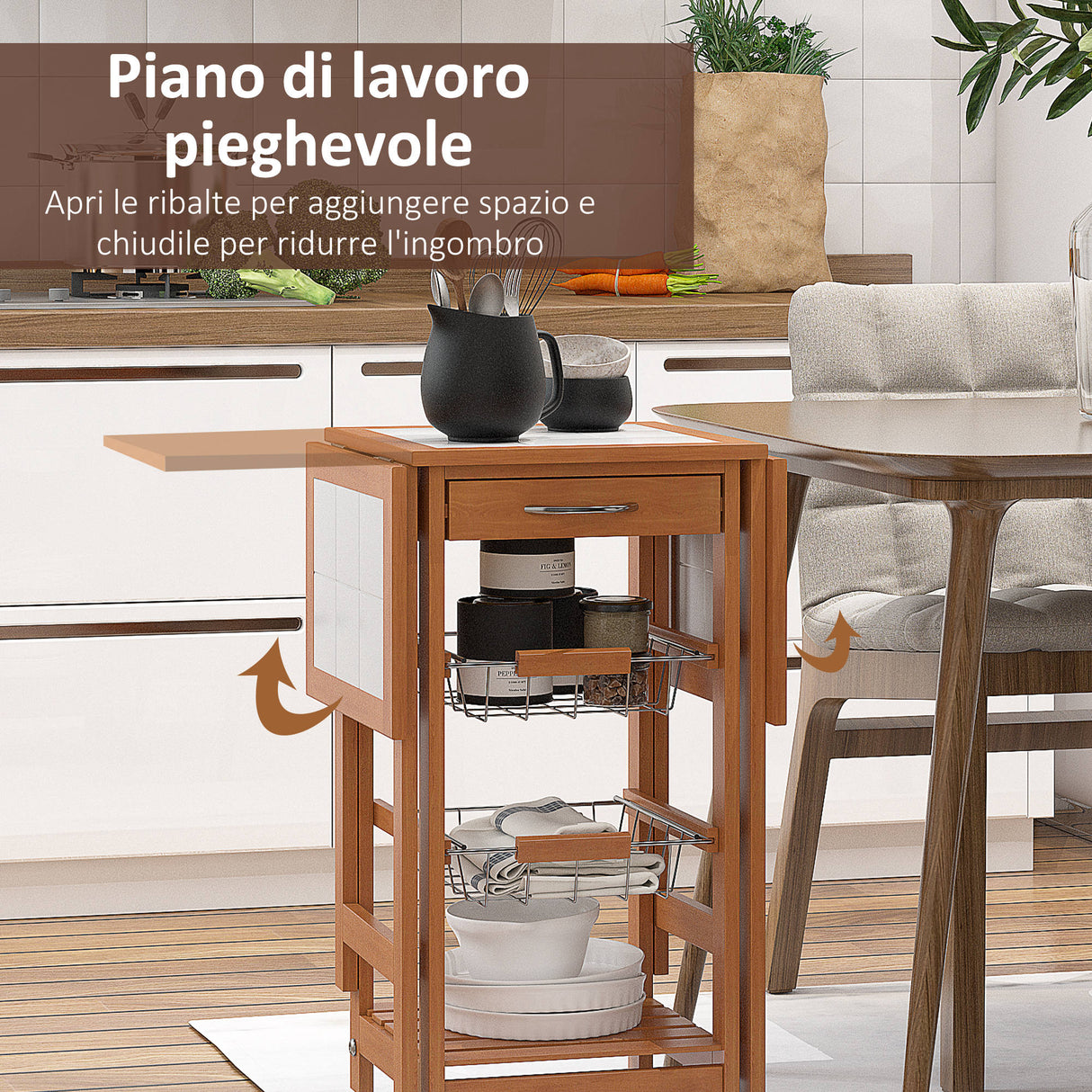 easycomfort easycomfort carrello da cucina con piano in mattonella servizio ausiliare legno metallo cromato 6 ruote cassetto ean 8054144131139