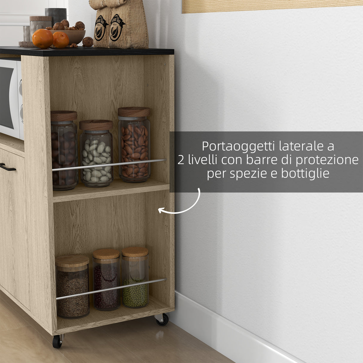 easycomfort easycomfort carrello da cucina in truciolato con ripiano aperto armadietto a 2 ante e scaffale laterale 75x40x80 5 cm