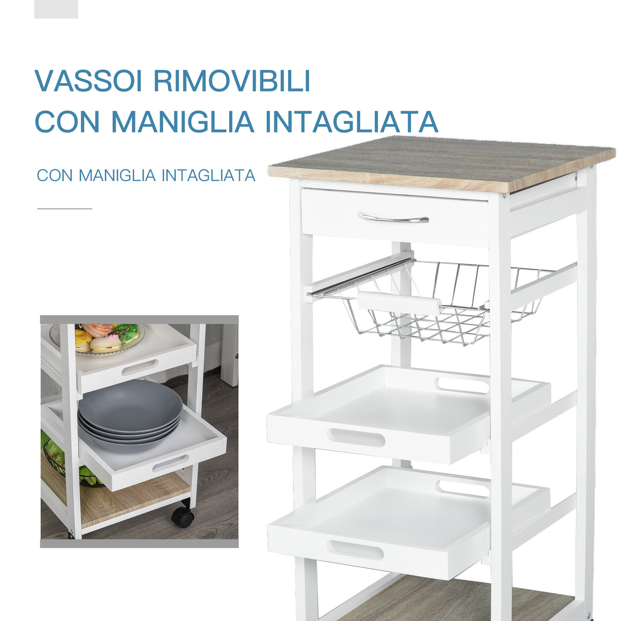 easycomfort easycomfort carrello da cucina salvaspazio in legno di pino e mdf carrello portaoggetti con cassetto cestello 2 vassoi e 4 ruote universale 37x37x82cm bianco ean 8054111844161
