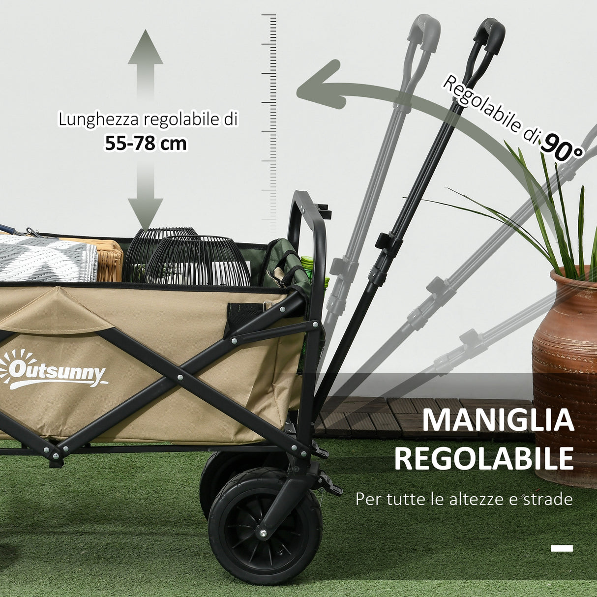 easycomfort easycomfort carrello da giardino 110l con maniglia telescopica e fondo apribile in acciaio e tessuto oxford cachi