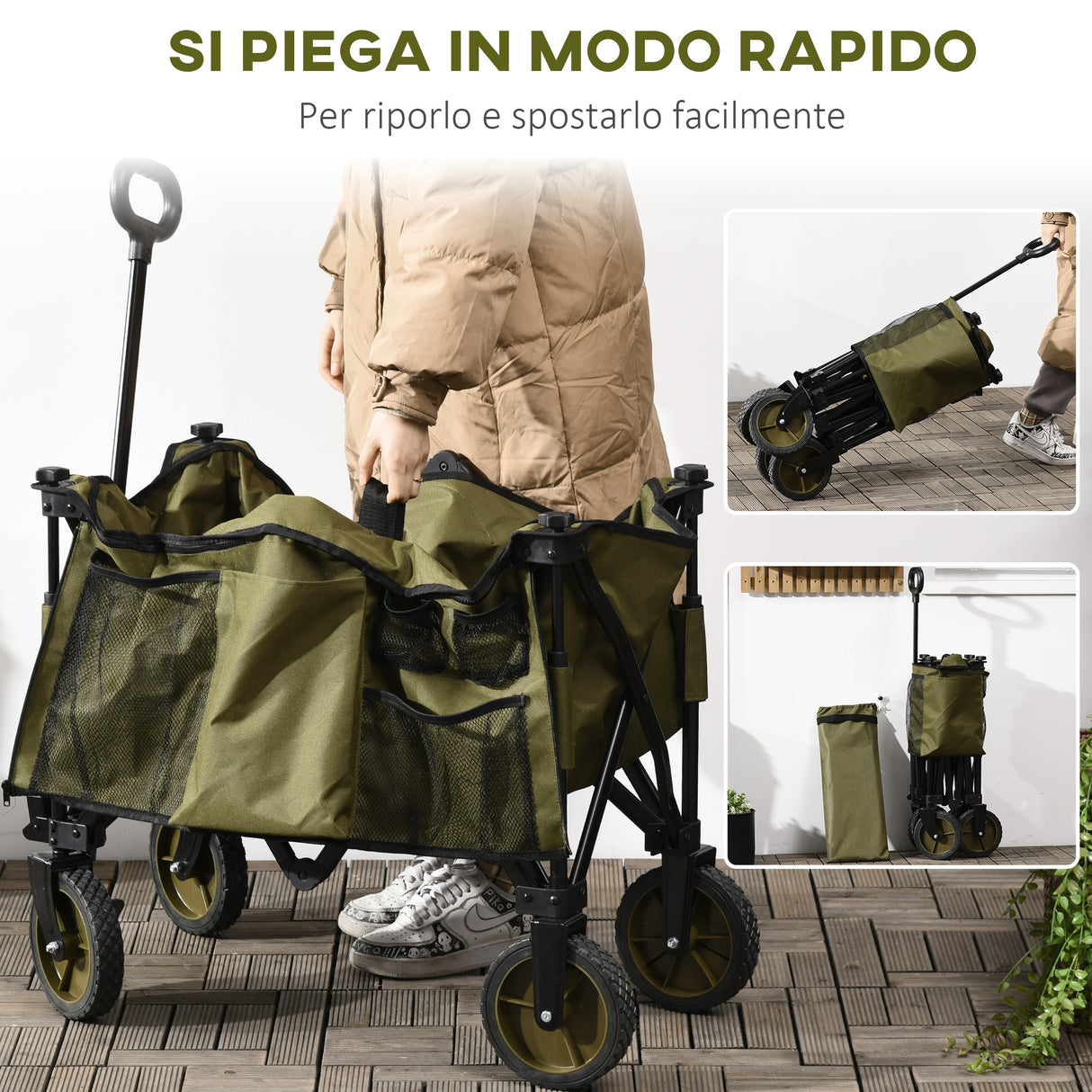 easycomfort easycomfort carrello da giardino 125l pieghevole con maniglia e 5 sacche 108x55x93 cm verde