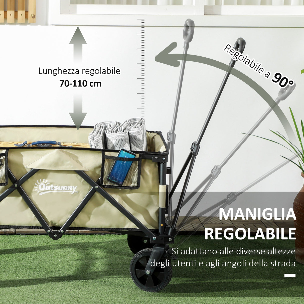 easycomfort easycomfort carrello da giardino pieghevole da 78l in acciaio tessuto oxford e plastica 105x52x70 110 cm color kaki