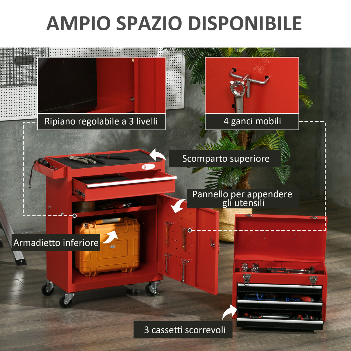 easycomfort easycomfort carrello porta attrezzi 2 in 1 con cassetta rimovibile e armadietto con chiave in acciaio rosso