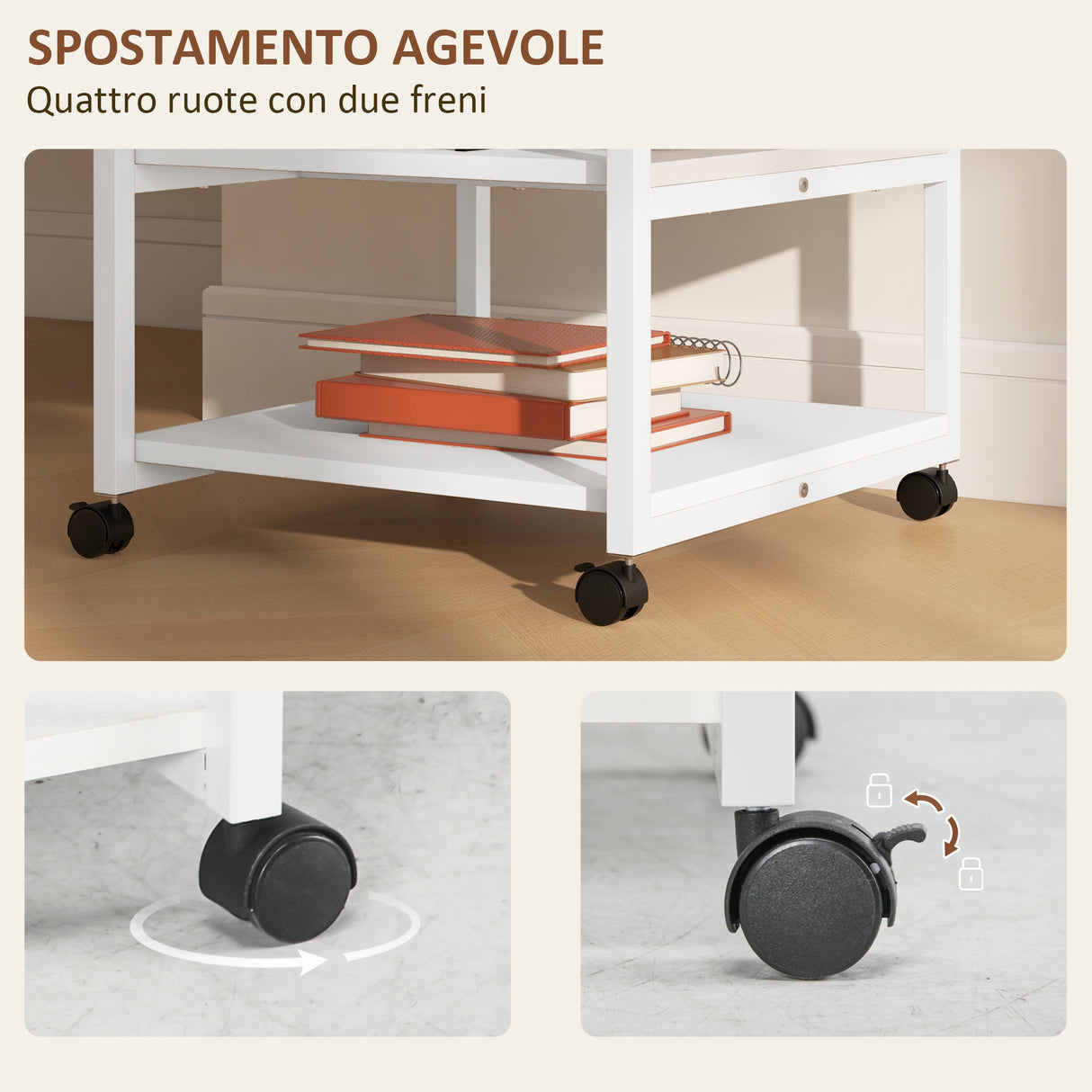 easycomfort easycomfort carrello porta stampante a 3 ripiani con 4 ruote legno e acciaio 50x50x52 5cm bianco
