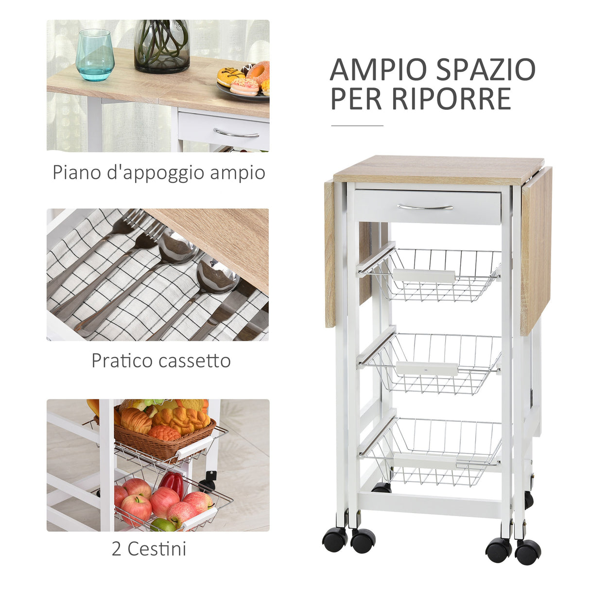 easycomfort easycomfort carrello portavivande pieghevole a 6 ruote con 3 cestini cassetto e 2 ribalte carrellino per cucina in mdf e metallo 37x37x77 5 cm bianco e legno