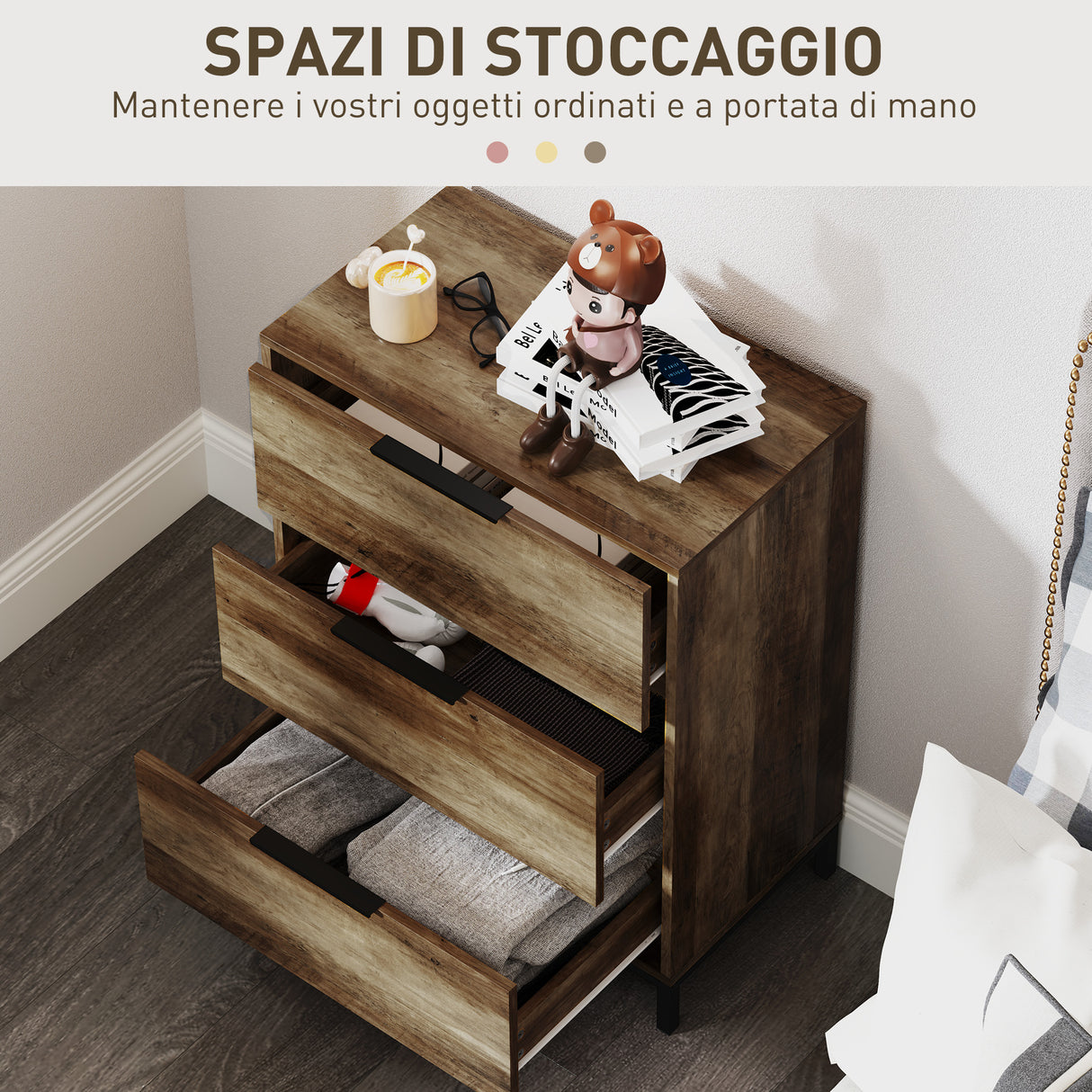 easycomfort easycomfort cassettiera 3 cassetti antiribaltamento con maniglie nere in legno e metallo 62x35x82 cm marrone scuro