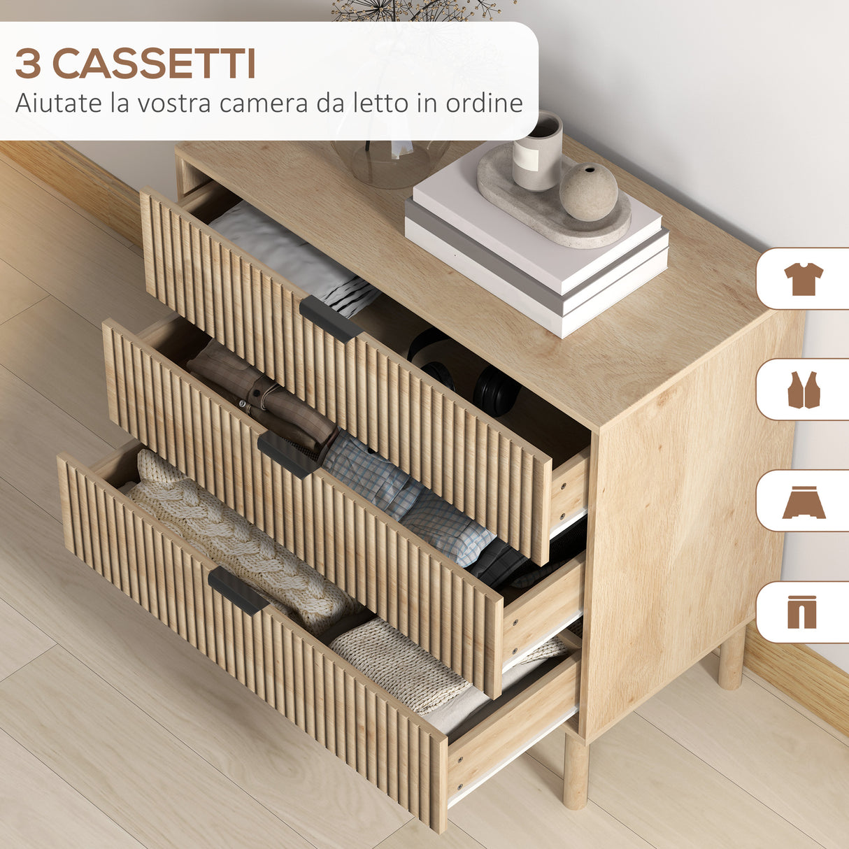 easycomfort easycomfort cassettiera 3 cassetti in legno per camera e ingresso stile nordico 80x40x77 5 cm rovere