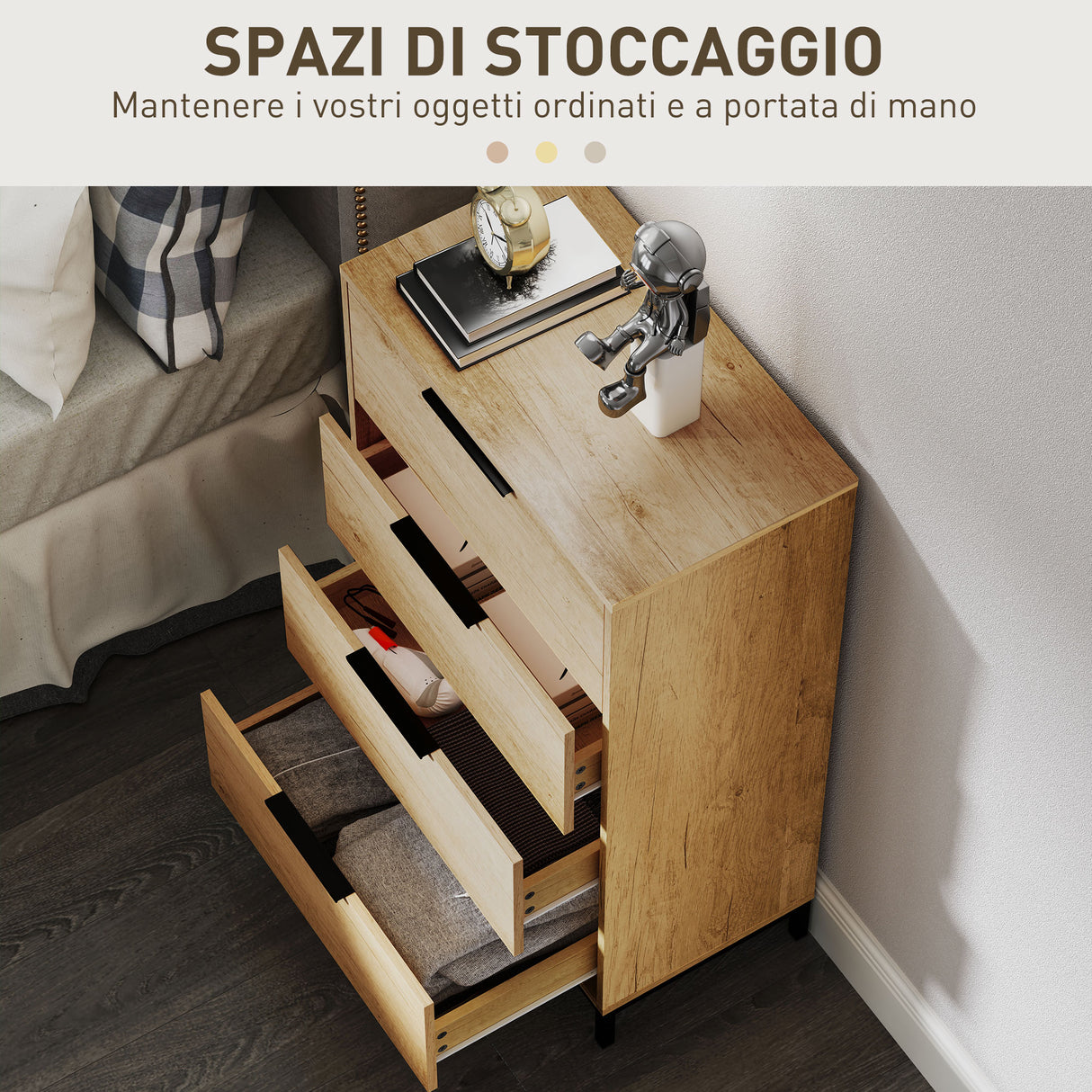 easycomfort easycomfort cassettiera 4 cassetti antiribaltamento con maniglie nere in legno e metallo 62x35x105 cm marrone chiaro